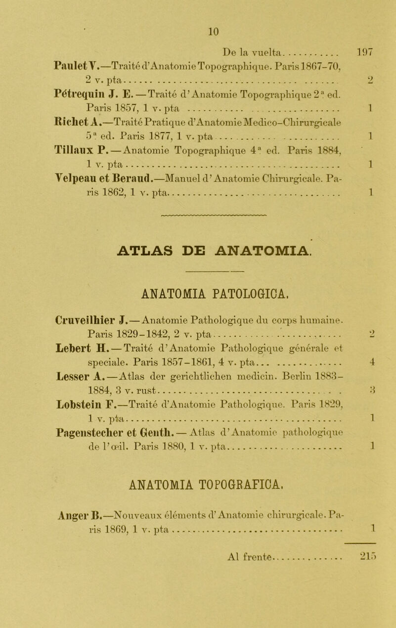 De la vuelta 197 PauletV.—Traité d’Anatomie Topographique. París 1867-70, 2 v. pta 2 Pétrequin J. E. — Traité d’Anatomie Topographique2a ed. París 1857, 1 v. pta 1 Rifliet A.—Traité Pratique d’Anatomie Medico-Chirurgicale 5 a ed. París 1877, 1 v. pta 1 TillílllX P. — Anatomie Topographique 4a ed. París 1884, 1 v. pta 1 Yelpeau et Beraud.—Manuel d’Anatomie Chirurgicale. Pa- rís 1862, 1 v. pta 1 ATLAS DE ANATOMIA. ANATOMIA PATOLOGICA. Cruveilhier J. — Anatomie Pathologique du corps humaine. París 1829-1842, 2 v. pta 2 Lebert H. — Traité d’Anatomie Pathologique générale et speciale. París 1857-1861, 4 v. pta 4 Lesser A.—Atlas der gerichtlichen medicin. Berlín 1883- 1884, 3 v. rust 3 Lobsteill F.—Traité d’Anatomie Pathologique. Paris 1829, 1 v. pta 1 Pagenstecher et Gentil.— Atlas d’Anatomie pathologique de l’oeil. Paris 1880, 1 v. pta 1 ANATOMIA TOPOGRAFICA. Allger B.—Nouveaux éléments d’Anatomie chirurgicale. Pa- ris 1869, 1 v. pta 1