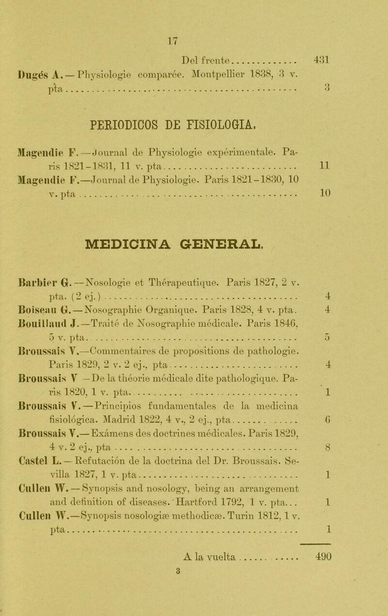 Del frente 431 Dugés A. — Physiologie comparée. Montpellier 1838, 3 v. pía 3 PERIODICOS DE FISIOLOGIA. Mageildie F.— Journal de Physiologie experiméntale. Pa- ris 1821-1831, 11 v. pta 11 Mageildie F.—Journal de Physiologie. Paris 1821 -1830, 10 v. pta 10 MEDICINA GENERAL. Barbier G.—Nosolog-ie et Thérapeutique. Paris 1827, 2 v. pta. (2 ej.) 4 Bo i sea il (!. — Nosographie Organique. Paris 1828, 4 y. pta. 4 Bouillaud J.—Traite de Nosographie médicale. Paris 1840, 5 v. pta 5 Bi ’OUSSais Y.—Commentaires de propositions de pathologie. Paris 1829, 2 v. 2 ej., pta 4 Bi ’OllSSais V —De la théorie médicale dite pathologique. Pa- ris 1820, 1 v. pta. 1 Bl’OUSSais V.—Principios fundamentales de la medicina fisiológica. Madrid 1822, 4 v., 2 ej., pta G Broussais Y.— Exámens des doctrines médicales. Paris 1829, 4 v. 2 ej., pta 8 Castel L. — Refutación de la doctrina del Dr. Broussais. Se- villa 1827, 1 v. pta 1 Clllleil W. — Synopsis and nosology, being an arrangement and definition of diseases. Hartford 1792, 1 y. pta... 1 Culleil W.—Synopsis nosologiae metliodicse. Turin 1812, 1 v. pta 1 A la vuelta 490 3