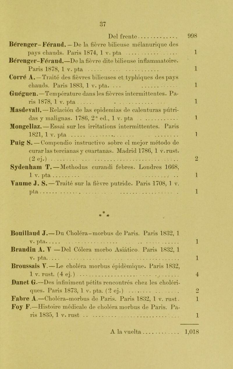 Del frente 998 Bérenger- Féraud. — De la fiévre l>ilieuse mélanurique des pays cliauds. Paris 1874, 1 v. pta 1 Béreuger-Féraud.—De la fiévre dite bilieuse inflammatoire. París 1878, 1 v. pta 1 Corré A.—Tr aité des fiévres bilieuses et typbiques des pays cliauds. Pai’is 1883, 1 v. pta. -.. 1 Guéguen.—Tempórature dans les fiévres intermittentes. Pa- rís 1878, 1 v. pta . . 1 Masdevall. — Relación de las epidemias de calenturas pútri- das y malignas. 1786, 211 ed., 1 v. pta 1 Moilgellaz.—Essai sur les irritations intermittentes. Paris 1821, 1 v. pta 1 Puig 8.— Compendio instructivo sobre el mejor método de curarlas tercianas y cuartanas. Madrid 1786, 1 v.rust. (2ej.) 2 Sydeilkam T. — Methodus curandi febres. Londres 1668, 1 v. pta .. 1 Yaililie J. S. — Traité sur la fiévre putride. Paris 1708, 1 v. pta 1 * * # Bouillnud J.— Du Choléra -morbus de Paris. Paris 1832, 1 v. pta 1 Braudin A. Y —Del Cólera morbo Asiático. Paris 1832, 1 v. pta 1 Broussais Y.—Le choléra morbus épidémique. Paris 1832, 1 v. rust. (4 ej.) ... 4 Danet O.—Des infiniment pétits rencontrés chez les choléri- ques. Paris 1873, 1 v. pta. (2 ej.) .. .. 2 Fabre A.—Choléra-morbus de Paris. Paris 1832, 1 v. rust. 1 Foy F .—Histoire médicale de choléra morbus de Paris. Pa- ris 1835, 1 v. rust ... 1