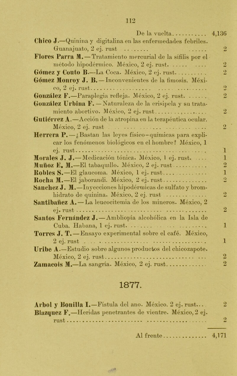 De la vuelta 4,136 Ch ico J.—Quinina y digitalina en las enfermedades febriles. Guanajuato, 2 ej. rust 2 Flores Parra M. — Tratamiento mercurial de la sífilis por el método hipodérmico. México, 2 ej. rust 2 Gómez y Couto B.—La Coca. México, 2 ej. rust 2 Gómez Momo y J. B. — Inconvenientes de la fimosis. Méxi- co, 2 ej. rust 2 González F.—Paraplegia refleja. México, 2 ej. rust 2 González Urbina F.—Naturaleza de la erisipela y su trata- miento abortivo. México, 2 ej. rust , 2 Gutiérrez A .—Acción de la atropina en la terapéutica ocular. México, 2 ej. rust ... 2 Herrera P. — ¿Bastan las leyes físico-químicas para expli- car los fenómenos biológicos en el hombre! México, 1 ej. rust 1 Morales J. J.— Medicación tónica. México, 1 ej. rust. ... 1 Muñoz F. M.—El tabaqudlo. México, 2 ej. rust 2 Robles S .—El glaucoma. México, 1 ej. rust.... 1 Rocha M.—El jaborandi. México, 2 ej. rust 2 Sauch.cz J. M.—Inyecciones hipodérmieas de sulfato y brom- hidrato de quinina. México, 2 ej. rust 2 Sailtibañez A. — La leucocitemia de los mineros. México, 2 ej. rust 2 Santos Fernández J.—Ambliopía alcohólica en la Isla de Cuba. Habana, 1 ej. rust 1 Torres J. T.—Ensayo experimental sobre el café. México, 2 ej. rust . . . 1 Ul’ibe A.—Estudio sobre algunos productos del chicozapote. Zamacois M.—La sangría. México, 2 ej. rust 1877. Arbol y Bonilla I.—Fístula del ano. México. 2 ej. rust... . 2 Blazquez F.—Heridas penetrantes de vientre. México, 2 ej. te te