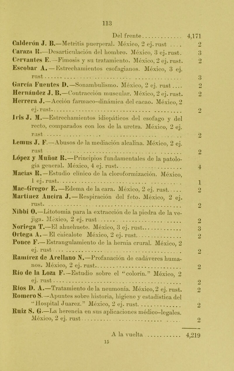 Del frente 4,171 Calderón J. IÍ.—Metritis puerperal. México, 2 ej. rust .... 2 ( a raza U.—Desarticulación del hombro. México, 3 ej.rust. 3 Cervantes E.—Fimosis y su tratamiento. México, 2 ej. rust. 2 Escobar A. — Estrechamientos esofagianos. México, 3 ej. rust 3 (Jarcia Fuentes D.— Sonambulismo. México, 2 ej. rust Hernández J. B.—Contracción muscular. México, 2 ej.rust. Herrera J.—Acción farmaco-dinámica del cacao. México, 2 iris J. M.—Estrechamientos idiopáticos del esófago y del Le mus J. F.—Abusos de la mediación alcalina. México, 2 ej. López y Muñoz R.—Principios fundamentales de la patolo- Maclas R,—Estudio clínico de la cloroformización. México, Mac-G regor E.—Edema de la cara. México, 2 ej. rust 2 Martínez Ancira J. — Respiración del feto. México, 2 ej. Nibbi 0.—Litotomia para la extracción de la piedra de la ve- jiga. México, 2 ej.rust 2 Noriega T.—El ahuehuete. México, 3 ej. rust 3 Ortega A. — El ciiicalote México, 2 ej. rust 2 Pólice F.— Estrangulamiento de la hernia crural. México, 2 Ramírez de Arellano N.—Profanación de cadáveres huma- nos. México, 2 ej.rust 2 Río de la Loza F.— Estudio sobre el 11 colorín. ” México, 2 ej- rust 2 RÍOS D. A.—Tratamiento déla neumonía. México, 2 ej. rust. 2 Romero S.—Apuntes sobre historia, higiene y estadística del ‘‘Hospital Juárez.” México, 2 ej. rust 2 Ruiz S. G —Ea herencia en sus aplicaciones médico-legales. México, 2 ej. rust 2 15 10 10