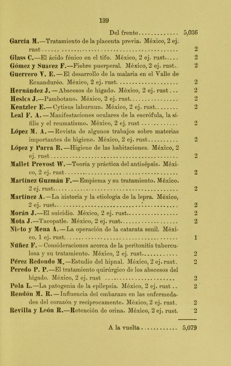 Del frente 5,036 García M.—Tratamiento de la placenta previa. México, 2 ej. rust 2 Glass C. —El ácido fénico en el tifo. México, 2 ej. rust 2 Gómez y Suárez F.—Fiebre puerperal. México, 2 ej. rust.. 2 Guerrero Y. E.—El desarrollo de la malaria en el Valle de Ecuanduréo. México, 2 ej. rust 2 Hernández J. — Abscesos de hígado. México, 2 ej. rust... 2 Heslcs J.—Pambotano. México, 2 ej. rust 2 Kentzler E.— Cytisus laburnun. México, 2 ej. rust 2 Leal F. A. — Manifestaciones oculares de la escrófula, la sí- filis y el reumatismo. México, 2 ej. rust López M. A.—Revista de algunos trabajos sobre materias importantes de higiene. México, 2 ej. rust López y Farra R.—Higiene de las habitaciones. México, 2 ej. rust Mallet Prevost W.—Teoría y práctica del antisépsis. Méxi- co, 2 ej. rust Martínez Guzmáll F.—Empiema y su tratamiento. México. 2 ej. rust 2 Martínez A.—La historia y la etiología de la lepra. México, 2 ej. rust 2 Moran J.—El suicidio. México, 2 ej. rust Mota J.—Tacopatle. México, 2 ej. rust... Nieto y Mena A. — La operación de la catarata senil. Méxi- co, 1 ej. rust Nlíñez F.— Consideraciones acerca de la peritonitis tubercu- losa y su tratamiento. México, 2 ej. rust Pérez Redondo M.—Estudio del hipnal. México, 2 ej.rust. Peredo P. P .—El tratamiento quirúrgico de los abscesos del Pola L.—La patogenia de la epilepsia. México, 2 ej. rust .. 2 Rendón M. R. — Influencia del embarazo en las enfermeda- des del corazón y recíprocamente. México, 2 ej. rust. 2 Revilla y León R.—Retención de orina. México, 2 ej. rust. ' 2 10 tO l—‘ ts9