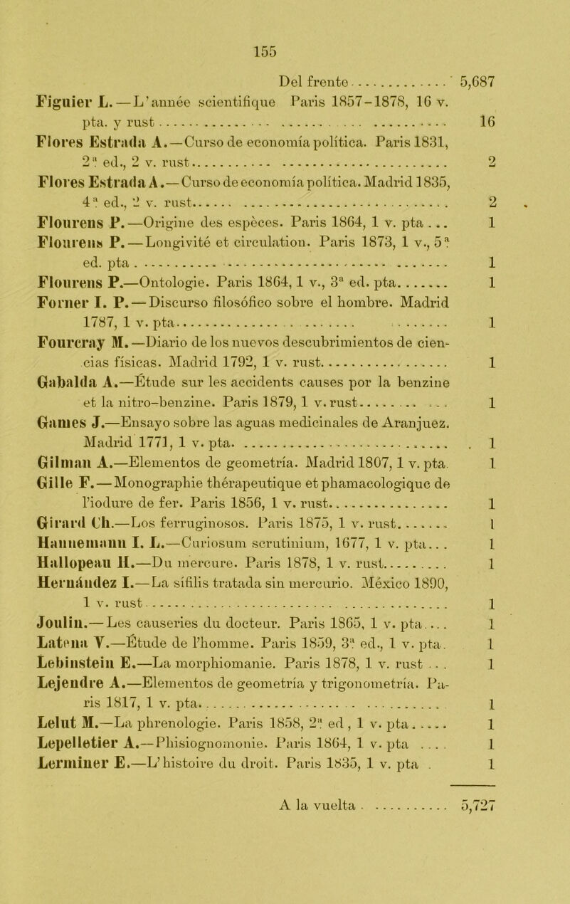 Del frente 5,687 Figuier L.—L’année scientifique París 1857-1878, 16 v. pta. y rust 16 Flores Estrada A.—Curso de economía política. París 1831, 2a ed., 2 v. rust 2 Floi 'es Estrada A.—Curso de economía política. Madrid 1835, 4 a ed., 2 v. rust 2 Floureus P.—Origine des espéces. París 1864, 1 y. pta ... 1 Flourens P. — Longivité et circulation. París 1873, 1 v., 5a ed. pta 1 Flourens P.—Ontologie. París 1864,1 v., 3a ed. pta 1 Forner I. P. — Discurso filosófico sobre el hombre. Madrid 1787, 1 v. pta ....... 1 Fourcray M. —Diario de los nuevos descubrimientos de cien- cias físicas. Madrid 1792, 1 v. rust 1 Gabalda A .—Etude sur les accidents causes por la benzine et la nitro-benzine. Paris 1879, 1 v.rust ... 1 Gaiues J.—Ensayo sobre las aguas medicinales de Aranjuez. Madrid 1771, 1 v. pta 1 G¡1 man A.—Elementos de geometría. Madrid 1807,1 v. pta. 1 Gil le F. — Monographie thérapeutique etphamacologiquc de l’iodure de fer. Paris 1856, 1 v. rust 1 Girard Ch.—Los ferruginosos. Paris 1875, 1 v. rust....... I HaniiemailU I. L.—Curiosum scrutinium, 1677, 1 v. pta.. . 1 Hallopeau II.—Du mercure. Paris 1878, 1 v. rust 1 Hernández I.—La sífilis tratada sin mercurio. México 1890, 1 v. rust 1 Joulill.— Les causeries du docteur. Paris 1S65, 1 v. pta.... 1 Latena Y.—Étude de l’homme. Paris 1859, 3a ed., 1 v. pta. 1 Lebinsteili E.—La morphiomanie. Paris 1878, 1 v. rust ... 1 Lejendre A.—Elementos de geometría y trigonometría. Pa- ris 1817, 1 v. pta. . 1 Lelut M.—La phrenologie. Paris 1858, 2a ed , 1 v. pta 1 Lepelletier A.—Phisiognomonie. Paris 1864, 1 v. pta ... I Lerminer E.—L’ histoire du droit. Paris 1835, 1 v. pta . 1