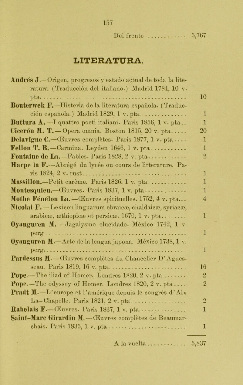 Del frente 5,767 LITERATURA. Andrés J.—Origen, progresos y estado actual de toda la lite- ratura. (Traducción del italiano.) Madrid 1784, 10 v. pta. 10 Bouterwek F.—Historia de la literatura española. (Traduc- ción española.) Madrid 1829, 1 v. pta 1 Buttura A.—I quattro poeti italiani. Paris 1856, 1 v. pta.. 1 Cicerón M. T. — Opera omnia. Boston 1815, 20 v. pta 20 Delavigne C.—CEuvres completes. Paris 1877, 1 v. pta 1 Fellon T. B.—Carmina. Leyden 1646, 1 v. pta 1 Fontaiue de La.—Fables. Paris 1828, 2 v. pta 2 Harpe la F.-—Abrégé du lycóe ou cours de litterature. Pa- ris 1824, 2 v. rust 1 Massillon.—Petit caréme. Paris 1826, 1 v. pta 1 Montesquien.—CEuvres. Paris 1837, 1 v. pta 1 Motile Fénélon La.—CEuvres spirituelles. 1752, 4 v. pta... 4 Nicolai F. — Lexicón linguarum ebraicas, ciialdaicae, syriacae, arabicae, astliiopicae et pérsicas. 1670, 1 v. pta 1 Oyanguren M.—Jagalysmo elucidado. México 1742, 1 v. perg 1 Oyanguren M.—Arte de la lengua japona. México 1738,1 v. perg 1 Pardessus M- — CEuvres completes du Chancelier D’Agues- seau. Paris 1819, 16 v. pta 16 Pope.— The iliad of Homer. Londres 1820, 2 v. pta 2 Pope .—The odyssey of Homer. Londres 1820, 2 v. pta .... 2 Pradt M—L ’eurojse et l’amérique depuis le congrés d’Aix La-Chapelle. Paris 1821, 2 v. pta 2 Rabelais F—CEuvres. Paris 1837, 1 v. pta 1 Saint-Marc Girardin M. — CEuvres completes de Beaumar- chais. Paris 1835, 1 v. pta 1