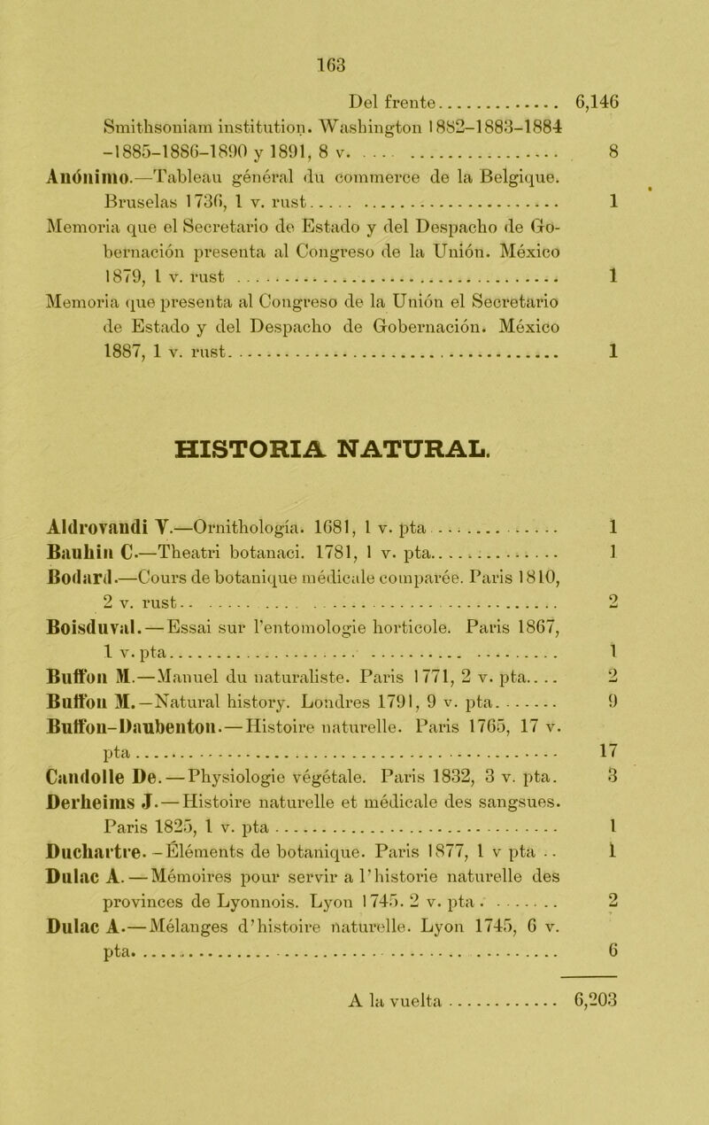 1G3 Del frente 6,146 Smithsoniam institution. Washington 1882—1883—1884 -1885-1886-1890 y 1891, 8 v 8 Anónimo.—Tablean général du commerce de la Belgique. Bruselas 1736, 1 v. rust 1 Memoria que el Secretario de Estado y del Despacho de Go- bernación presenta al Congreso de la Unión. México 1879, l v. rust 1 Memoria que presenta al Congreso de la Unión el Secretario de Estado y del Despacho de Gobernación. México 1887, 1 v. rust 1 HISTORIA NATURAL. Aldrovaudi Y.—Ornithología. 1681, 1 v. pta 1 Baullin €■—Theatri botanaci. 1781, 1 v. pta..... 1 Bodard.—Cours debotanique médicale comparée. Paris 1810, 2 v. rust 2 Boisduval. — Essai sur l’entomologie horticole. Paris 1867, 1 v. pta 1 Buffon M.—Manuel du naturabste. Paris 1771, 2 v. pta.. .. 2 Bulton M.—Natural history. Londres 1791, 9 v. pta 9 Buffon-Daubenton.— Histoire naturelle. Paris 1765, 17 v. pta 17 Candolle De. — Physiologie végétale. Paris 1832, 3 v. pta. 3 Derlieims J.—Histoire naturelle et médicale des sangsues. Paris 1825, l v. pta I Ducliartre. -Éléments de botanique. Paris 1877, 1 v pta .. 1 Dlllac A.—Mémoires pour servir a Phistorie naturelle des provinces de Lyonnois. Lyon 1745. 2 v. pta 2 Dulac A.—Mélanges d’histoire naturelle. Lyon 1745, 6 v. pta 6