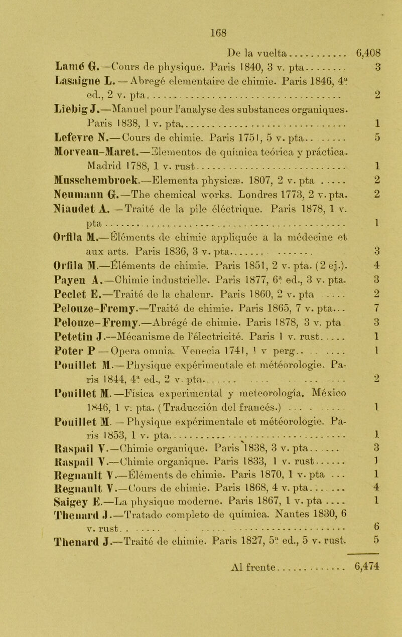 De la vuelta 6,408 Lanié G.— C ours de phy.sique. París 1840, 3 v. pta 3 Lasaigne L.—Abregó elementaire de chimie. París 1846, 4a ed., 2 v. pta 2 Liebig J .—Manuel pour l’analyse des substances organiques. París 1838, 1 v. pta 1 Lefevre N.— Cours de chimie. París 1751, 5 v. pta.. 5 Morveau-Maret.—Elementos de química teórica y práctica. Madrid 1788, 1 v. rust 1 Musschembroek.—Elementa physicae. 1807, 2 v. pta 2 Neumaim G.—The Chemical works. Londres 1773, 2 v. pta. 2 Niaudet A. —Traité de la pile éléctrique. París 1878, 1 v. pta 1 Orftla M.—Eléments de chimie appliquée a la médecine et aux arts. París 1836, 3 v. pta 3 Orilla M.—Eléments de chimie. París 1851, 2 v. pta. (2 ej.). 4 Payen A.—Chimie industrielle. París 1877, 6a ed., 3 v. pta. 3 Peclet E.—Traité de la chaleur. Paris 1860, 2 v. pta .... 2 Pelouze-Fremy.—Traité de chimie. Paris 1865, 7 v. pta... 7 Pelouze-Fremy.—Abrégé de chimie. Paris 1878, 3 v. pta 3 Petetill J.—Mécanisme de l’électricité. Paris 1 v. rust 1 Poter P—Opera omnia. Venecia 1741, 1 v perg 1 Pouillet M-—Physique expérimentale et météorologie. Pa- ris 1844, 4a ed., 2 v. pta. - - - - 2 Pouillet M.—I física experimental y meteorología. México 1H46, 1 v. pta. (Traducción del francés.) I Pouillet M. —Physique experiméntale et météorologie. Pa- ris 1853, 1 v. pta 1 Raspa i I Y.—Chimie organique. Paris 1838, 3 v. pta..... 3 Raspa!I Y.-— Chimie organique. Paris 1833, 1 v. rust 1 Regiiault Y-—Eléments de chimie. Paris 1870, 1 v. pta ... 1 Regliault V.—Cours de chimie. Paris 1868, 4 v. pta...... 4 Saigey E.—La physique moderne. Paris 1867, 1 v. pta 1 Thenard J.—Tratado completo de química. Nantes 1830, 6 v. rust b Thenard J.—Traité de chimie. Paris 1827, 5a ed., 5 v. rust. 5