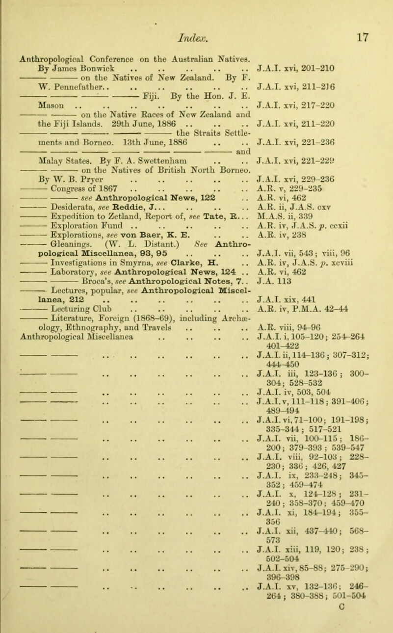 Anthropological Conference on the Australian Natives. By James Bon wick on the Natives of New Zealand. By F. W. Pcnnefather.. : Fiji. By the Hon. J. E. on the Native Races of New Zealand and the Fiji Islands. 29th June, 1886 .. the Straits Settle- ments and Borneo. 13th June, 1886 and Mason Malay States. By F. A. Swettenham on the Natives of British North Borneo. By W. B. Pryer — Congress of 1867 see Anthropological News, 122 Desiderata, see Reddle, J. Expedition to Zetland, Report of, see Tate, R.. Exploration Fund Explorations, see von Baer, K. E. Gleanings. (W. L. Distant.) See Anthro- pological Miscellanea, 93, 95 Investigations in Smyrna, see Clarke, H. Laboratory, see Anthropological News, 124 .. Broca’s, see Anthropological Notes, 7.. Lectures, popular, see Anthropological Miscel- lanea, 212 Lecturing Club Literature, Foreign (1868-69), including ology, Ethnography, and Travels Anthropological Miscellanea A rch a-- J.A.I. xvi, 201-210 J.A.I. xvi, 211-216 J.A.I. xvi, 217-220 J.A.I. xvi, 211-220 J.A.I. xvi, 221-236 J.A.I. xvi, 221-229 J.A.I. xvi, 229-236 A.R. v, 229-235 A.R. vi, 462 A.R. ii, J.A.S. cxv M.A.S. ii, 339 A.R. iv, J.A.S. p. eexii A.R. iv, 238 J.A.I. vii, 543; viii, 96 A.R. iv, J.A.S. p. xcviii A.R. vi, 462 J.A. 113 J.A.I. xix, 441 A.R. iv, P.M.A. 42-44 A.R. viii, 94-96 J.A.I. i. 105-120; 251-264 401-422 J.A.I. ii, 114-136; 307-312; 414-450 J.A.I. iii, 123-136 ; 300- 304; 528-532 J.A.I. iv, 503, 504 J.A.I. v, 111-118; 391-406; 489-494 J.A.I. vi, 71-100; 191-198; 335-344; 517-521 J.A.I. vii, 100-115; 186- 200 ; 379-393 ; 539-547 J.A.I. viii, 92-103; 228- 230; 336 ; 426, 427 J.A.I. ix, 233-248; 345- 352; 459-474 J.A.I. x, 124-128; 231- 240; 358-370; 459-470 J.A.I. xi, 184-194; 355- 356 J.A.I. xii, -437-440; 568- 573 J.A.I. xiii, 119, 120; 238; 502-504 J.A.I. xiv, 85-88; 275-290; 396-398 J.A.I. xv, 132-136; 246- 264; 380-388; 501-504 C