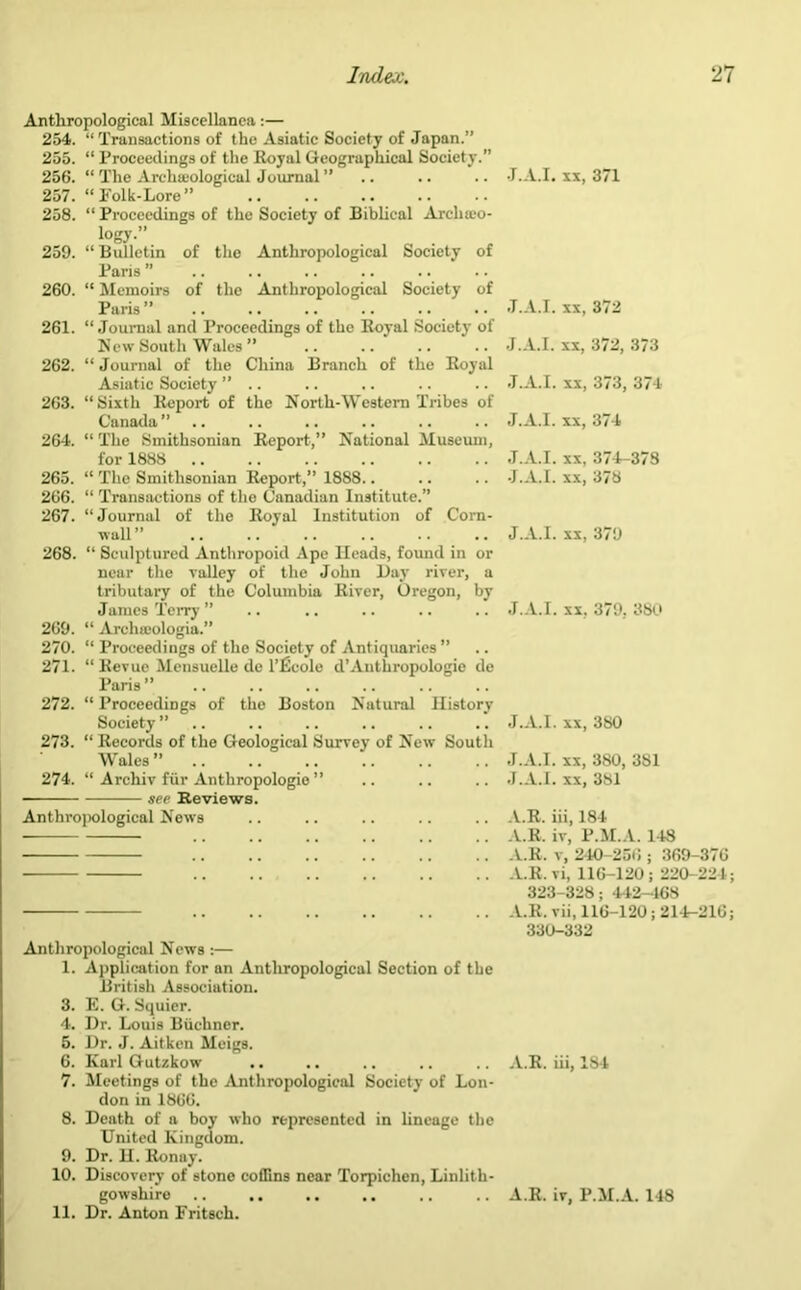 Anthropological Miscellanea:— 254. “ Transactions of the Asiatic Society of Japan.” 255. “ Proceedings of the Royal Geographical Society.” 256. “ The Archaeological Journal ” 257. “Folk-Lore” 258. “ Proceedings of the Society of Biblical Archa;o- logy.” 259. “ Bulletin of the Anthropological Society of Paris” 260. “ Memoirs of the Anthropological Society of Paris” 261. “ Journal and Proceedings of the Royal Society of New South Wales ” 262. “ Journal of the China Branch of the Royal Asiatic Society ” .. 263. “Sixth Report of the North-Western Tribes of Canada” 264. “ The Smithsonian Report,” National Museum, for 1888 265. “ The Smithsonian Report,” 1888.. 266. “ Transactions of the Canadian Institute.” 267. “Journal of the Royal Institution of Corn- wall ” 268. “ Sculptured Anthropoid Ape Heads, found in or near the valley of the John Hay river, a tributary of the Columbia River, Oregon, by James Terry ” 269. “ Archu'ologia.” 270. “ Proceedings of the Society of Antiquaries ” 271. “ Revue Mensuelle de l’fieole d’Anthropologie de Paris ” 272. “ Proceedings of the Boston Natural History Society ” 273. “ Records of the Geological Survey of New South Wales” 274. “ Archiv fur Anthropologic ” see Reviews. Anthropological News Anthropological News :— 1. Application for an Anthropological Section of the British Association. 3. E. G. Squier. 4. Dr. Louis Buchner. 5. Dr. J. Aitken Meigs. 6. Karl Gutzkow 7. Meetings of the Anthropological Society of Lon- don in 1866. 8. Death of a boy who represented in lineage the United Kingdom. 9. Dr. H. Ronay. 10. Discovery of stone coffins near Torpichen, Linlith- gowshire .. .. .. 11. Dr. Anton Fritsch. J.A.I. xx, 371 J.A.I. xx, 372 J.A.I. xx, 372, 373 J.A.I. xx, 3/3, 3/1 J.A.I. xx, 374 •I. LI. xx. 374-378 •J.A.I. xx, 378 J.A.I. xx, 379 J.A.I. xx, 379, 380 J.A.I. xx, 380 J.A.I. xx, 380, 381 J.A.I. xx, 381 A.R. iii, 184 A.R. iv, P.M.A. 148 A.R. v, 240-256 ; 369-376 A.R. vi, 116 1211; 220 22 I ; 323-328; 442-468 A.R. vii, 116-120; 214-216; 330-332 A.R. iii, 184 A.R. iv, P.M.A. 148