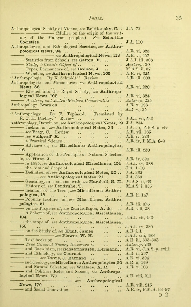 Anthropological Society of Vienna, see Rokitansky, C... (Muller, on the origin of the writ- ing of the Malayan peoples.) See Scientific Societies Anthropological and Ethnological Societies, see Anthro- pological News, 94 .. see Anthropological News, 118 Statistics from Schools, see Galton, F. .. Study, Ultimate Object of.. Types, Permanence of, see Beddoe, J. Wonders, see Anthropological News, 105 “ Anthropologic. By Iv. Schmidt.” Review Anthropologists and Missionaries, see Anthropological News, 86 Elected into the Royal Society, see Anthropo- logical News, 102 Western, and Extra-Western Communities Anthropology, Broca on “ Anthropology. By P. Topinard. Translated by R. T. II. Bartley.” Review .. .. .. Anthropology, Darwin on, see Anthropological Notes, 19 Jackson on, see Anthropological Notes, 33 see Bray, C. Review see Vollgraff, K. a Practical Science .. Advance of, see Miscellanea Amthropologica, 46 — Application of the Principle of Natural Selection to, see Hunt, J. — in 1885, see Anthropological Miscellanea, 154 — the Aim and Scope of .. .. — Definition of, see Anthropological Notes, 20 .. see Anthropological Notes, 21 .. — Genealogy in connexion with, see Marshall, G. M. — History of, see Bendyshe, T. — meaning of the Term, see Miscellanea Anthro- pologica, 18 — Popular Lectures on, see Miscellanea Anthro- pologica, 51 — on the Progress of, see Quatrefages, A. de — A Scheme of, see Anthropological Miscellanea, 134 — the scope of, see Anthropological Miscellanea, 153 — on the Study of, see Hunt, James see Flower, W. H. — Text-books on — True Cerebral Theory Necessary to .. .. — and Darwinism, see Schaaffhausen, Hermann.. — and Ethnology, see Cournot .. .. see Davis, J. Barnard .. — and Geology,see Miscellanea Anthropologies,20 — and Natural Selection, see Wallace, A. R. — and Politics: Kelts and Saxons, see Anthropo- logical News, 177 — see Anthropological News, 179 .. .. .. „ — and Social Innovation .. .. .. .. J.A. 72 J.A. 110 A.R. vi, 323 A.R. vi, 457 J.A.I. iii, 308 Ant hr op. 30 M.A.S. ii, 37 A.R. vi, 325 A.R. iii, 303 A.R. vi, 220 A.R. vi, 324 Anthrop. 225 A.R. v, 193 A.R. vi, 35 J.A.I. vii, 540 J.A. 244 J.A.I. i, P.E.S. p. clx A.R. vii, 185 A.R. iv, 226 A.R. iv, P.M.A. 6-9 A.R, iii, 230 A.R. iv, 320 J.A.I. xv, 3SS J.A. 1-18 J.A. 362 J.A. 363 M.A.S. ii, 68 M.A.S. i, 335 A.R. ii, 147 A.R. iii, 375 A.R. viii, 28 J.A.I. xii, 440 J.A.I. xv, 380 A.R. i, 1 J.A.I. xiii, 4S8 A.R. iii, 303-305 Anthrop. 238 A.R. vi, J.A.S. p. cviii A.R. ii, 267 A.R. vi, 394 A.R. ii, 149 A.R. v, 103 A.R. viii, 211 A.R. viii, 215 A.R. iv, P.M.A. 93-97