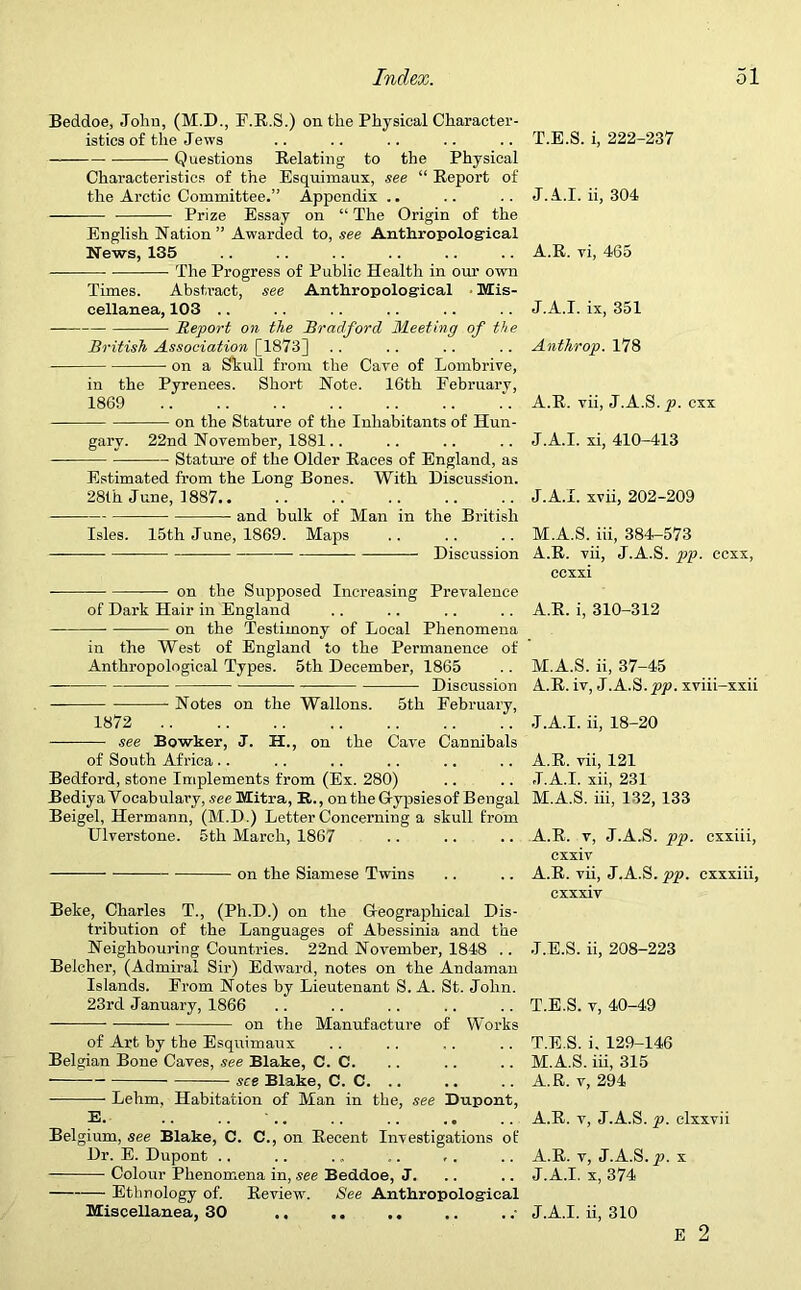 Beddoe, John, (M.D., F.R.S.) on the Physical Character- istics of the Jews Questions Relating to the Physical Characteristics of the Esquimaux, see “ Report of the Arctic Committee.” Appendix .. Prize Essay on “ The Origin of the English Nation ” Awarded to, see Anthropological News, 135 The Progress of Public Health in our own Times. Abstract, see Anthropological ■ Mis- cellanea, 103 .. Report on the Bradford Meeting of the British Association [1873] on a Skull from the Cave of Lombrive, in the Pyrenees. Short Note. 16th February, 1869 — on the Stature of the Inhabitants of Hun- gary. 22nd November, 1881. . Stature of the Older Races of England, as Estimated from the Long Bones. With Discussion. 28th June, 1887.. and bulk of Man in the British Isles. 15th June, 1869. Maps Discussion on the Supposed Increasing Prevalence of Dark Hair in England on the Testimony of Local Phenomena in the West of England to the Permanence of Anthropological Types. 5th December, 1865 Discussion Notes on the Wallons. 5th February, 1872 see Bowker, J. H., on the Cave Cannibals of South Africa Bedford, stone Implements from (Ex. 280) Bediya Vocabulary, .see Mitra, R.., on the G-ypsiesof Bengal Beigel, Hermann, (M.D.) Letter Concerning a skull from Ulverstone. 5th March, 1867 on the Siamese Twins Beke, Charles T., (Ph.D.) on the Geographical Dis- tribution of the Languages of Abessinia and the Neighbouring Countries. 22nd November, 1848 .. Belcher, (Admiral Sir) Edward, notes on the Andaman Islands. From Notes by Lieutenant S. A. St. John. 23rd January, 1866 on the Manufacture of Works of Art by the Esquimaux Belgian Bone Caves, see Blake, C. C. see Blake, C. C. .. Lehm, Habitation of Man in the, see Dupont, E. . . .. Belgium, see Blake, C. C., on Recent Investigations of Dr. E. Dupont ., .. .. ,. ,. Colour Phenomena in, see Beddoe, J. Ethnology of. Review. See Anthropological Miscellanea, 30 .. .. .. T.E.S. i, 222-237 J.A.I. ii, 304 A.R. vi, 465 J.A.I. ix, 351 Anthrop. 178 A.R. vii, J.A.S. p. cxx J.A.I. xi, 410-413 J.A.I. xvii, 202-209 M.A.S. iii, 384-573 A.R. vii, J.A.S. pp. ccxx, ccxxi A.R. i, 310-312 M.A.S. ii, 37-45 A.R. iv, J.A.S.pp. xviii-xxii J.A.I. ii, 18-20 A.R. vii, 121 J.A.I. xii, 231 M.A.S. iii, 132, 133 A.R. v, J.A.S. pp. cxxiii, cxxiv A.R. vii, J.A.S. pp. cxxxiii, cxxxiv J.E.S. ii, 208-223 T.E.S. v, 40-49 T.E.S. i. 129-146 M.A.S. iii, 315 A.R. v, 294 A.R. v, J.A.S. p. clxxvii A.R. v, J.A.S. p. x J.A.I. x, 374 J.A.I. ii, 310 E 2