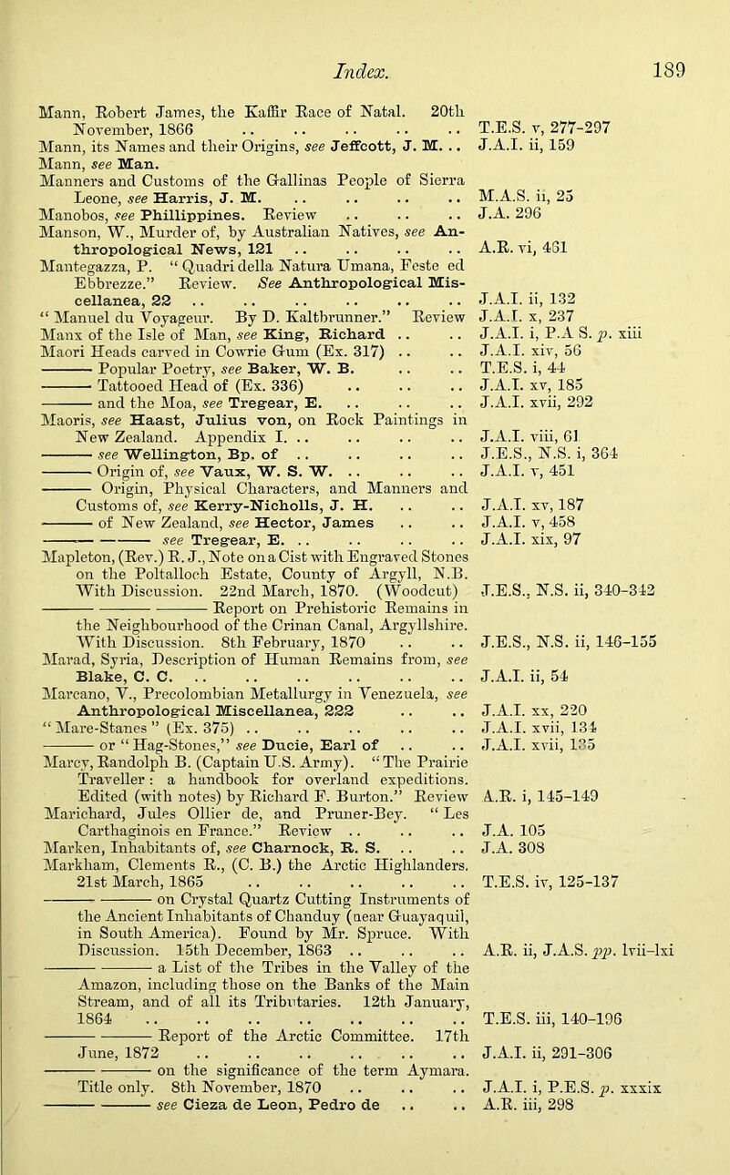 Mann, Robert James, tlie Kaffir Race of Natal. 20tli November, 1866 Mann, its Names and tlieir Origins, see Jeffcott, J. M. .. Mann, see Man. Manners and Customs of the G-allinas People of Sierra Leone, see Harris, J. M. Manobos, see Phillippines. Review Manson, W., Murder of, by Australian Natives, see An- thropological News, 121 Mantegazza, P. “ Quadri della Natura Umana, Feste ed Ebbrezze.” Review. See Anthropological Mis- cellanea, 22 “ Manuel du Voyageur. By D. Kaltbrunner.” Review Manx of the Isle of Man, see King, Richard .. Maori Heads carved in Cowrie Gum (Ex. 317) .. Popular Poetry, see Baker, W. B. Tattooed Head of (Ex. 336) — and the Moa, see Tregear, E. Maoris, see Haast, Julius von, on Rock Paintings in New Zealand. Appendix I. .. see Wellington, Bp. of Origin of, see Vaux, W. S. W. .. Origin, Physical Characters, and Manners and Customs of, see Kerry-Nicholls, J. H. of New Zealand, see Hector, James see Tregear, E. .. Mapleton, (Rev.) R. J., Note on a Cist with Engraved Stones on the Poltalloch Estate, County of Argyll, N.B. With Discussion. 22nd March, 1870. (Woodcut) Report on Prehistoric Remains in the Neighbourhood of the Crinan Canal, Argyllshire. With Discussion. 8th February, 1870 Marad, Syria, Description of Human Remains from, see Blake, C. C Marcano, V., Precolombian Metallurgy in Venezuela, see Anthropological Miscellanea, 222 “ Mare-Stanes ” (Ex. 375) .. or “ Hag-Stones,” see Ducie, Earl of Marcy, Randolph B. (Captain U.S. Army). “The Prairie Traveller: a handbook for overland expeditions. Edited (with notes) by Richard F. Burton.” Review Marichard, Jules Ollier de, and Pruner-Bey. “ Les Carthaginois en France.” Review Marken, Inhabitants of, see Charnock, R. S. Markham, Clements R., (C. B.) the Arctic Highlanders. 21st March, 1865 on Crystal Quartz Cutting Instruments of the Ancient Inhabitants of Chanduy (near Guayaquil, in South America). Found by Mr. Spruce. With Discussion. 15th December, 1863 .. a List of the Tribes in the Valley of the Amazon, including those on the Banks of the Main Stream, and of all its Tributaries. 12th January, 1864 Report of the Arctic Committee. 17th June, 1872 on the significance of the term Aymara. Title only. 8th November, 1870 see Cieza de Leon, Pedro de T.E.S. v, 277-297 J.A.I. ii, 159 M.A.S. ii, 25 J.A. 296 A.R. vi, 461 J.A.I. ii, 132 J.A.I. x, 237 J.A.I. i, P.A S. p. xiii J.A.I. xiv, 56 T.E.S. i, 44 J.A.I. xv, 185 J.A.I. xvii, 292 J.A.I. viii, 61 J.E.S., N.S. i, 364 J.A.I. v, 451 J.A.I. xv, 187 J.A.I. v, 458 J.A.I. xix, 97 J.E.S., N.S. ii, 340-342 J.E.S., N.S. ii, 146-155 J.A.I. ii, 54 J.A.I. xx, 220 J.A.I. xvii, 134 J.A.I. xvii, 135 A.R. i, 145-149 J.A. 105 J.A. 308 T.E.S. iv, 125-137 A.R. ii, J.A.S. pp. lvii-lxi T.E.S. iii, 140-196 J.A.I. ii, 291-306 J.A.I. i, P.E.S. p. xxxix A.R. iii, 298