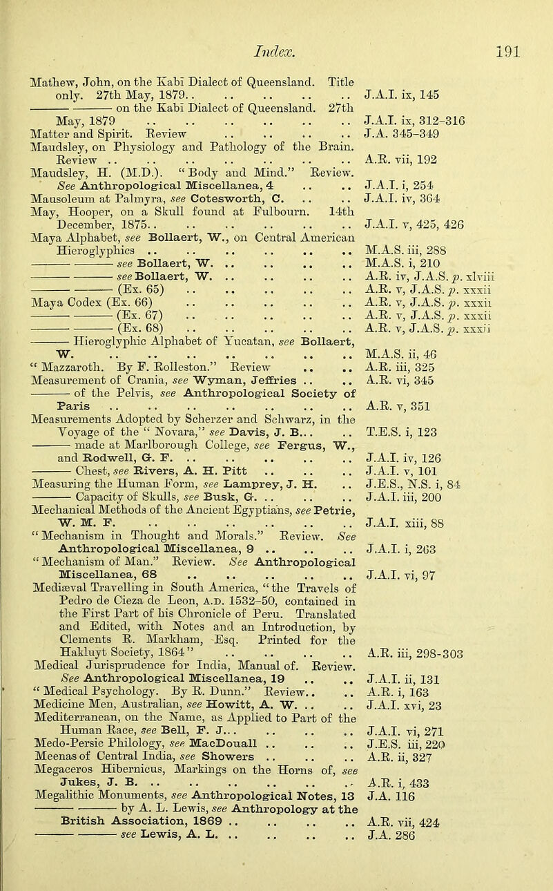 Mathew, John, on the KabI Dialect of Queensland. Title only. 27th May, 1879.. on the KabI Dialect of Queensland. 27tli May, 1879 Matter and Spirit. Review Maudsley, on Physiology and Pathology of the Brain. Review Maudsley, H. (M.D.). “Body and Mind.” Review. See Anthropological Miscellanea, 4 Mausoleum at Palmyra, see Cotesworth, C. May, Hooper, on a Skull found at Pulbourn. 14th December, 1875.. Maya Alphabet, see Bollaert, W., on Central American Hieroglyphics .. ■ see Bollaert, W. .. .. .. ■ see Bollaert, W (Ex. 65) Maya Codex (Ex. 66) (Ex. 67) (Ex. 68) Hieroglyphic Alphabet of Yucatan, see Bollaert, W “ Mazzarotli. By P. Rolleston.” Review Measurement of Crania, see Wyman, Jeffries .. of the Pelvis, see Anthropological Society of Paris Measurements Adopted by Scherzer and Schwarz, in the Voyage of the “ Novara,” see Davis, J. B... made at Marlborough College, see Fergus, W., and Rodwell, Gr. F. .. Chest, see Rivers, A. H. Pitt Measuring the Human Form, see Lamprey, J. H. Capacity of Skulls, see Busk, Gr. . . Mechanical Methods of the Ancient Egyptians, see Petrie, W. M. F “ Mechanism in Thought and Morals.” Review. See Anthropological Miscellanea, 9 .. “ Mechanism of Man.” Review. See Anthropological Miscellanea, 68 Mediieval Travelling in South America, “ the Travels of Pedro de Cieza de Leon, a.d. 1532-50, contained in the First Part of his Chronicle of Peru. Translated and Edited, with Notes and an Introduction, by Clements R. Markham, Esq. Printed for the Hakluyt Society, 1864 ” Medical Jurisprudence for India, Manual of. Review. See Anthropological Miscellanea, 19 .. .. “ Medical Psychology. By R. Dunn.” Review.. Medicine Men, Australian, see Howitt, A. W. Mediterranean, on the Name, as Applied to Part of the Human Race, see Bell, F. J... Medo-Persic Philology, see MacDouall .. Meenas of Central India, see Showers .. Megaceros Hibernicus, Markings on the Horns of, see Jukes, J. B. .. Megalithic Monuments, see Anthropological Notes, 13 — by A. L. Lewis, see Anthropology at the British Association, 1869 ■—— see Lewis, A. L. .. J.A.I. ix, 145 J.A.I. ix, 312-316 J.A. 345-349 A.R. vii, 192 J.A.I. i, 254 J.A.I. iv, 364 J.A.I. v, 425, 426 M.A.S. iii, 288 M.A.S. i, 210 A.R. iv, J.A.S. p. xlviii A.R. v, J.A.S. p. xxxii A.R. v, J.A.S. p. xxxii A.R. v, J.A.S. p. xxxii A.R. v, J.A.S. p. xxxii M.A.S. ii, 46 A.R. iii, 325 A.R. vi, 345 A.R. v, 351 T.E.S. i, 123 J.A.I. iv, 126 J.A.I. v, 101 J.E.S., N.S. i, 84 J.A.I. iii, 200 J.A.I. xiii, 88 J.A.I. i, 263 J.A.I. vi, 97 A.R. iii, 298-303 J.A.I. ii, 131 A.R. i, 163 J.A.I. xvi, 23 J.A.I. vi, 271 J.E.S. iii, 220 A.R. ii, 327 A.R, i, 433 J.A. 116 A.R. vii, 424 J.A. 286