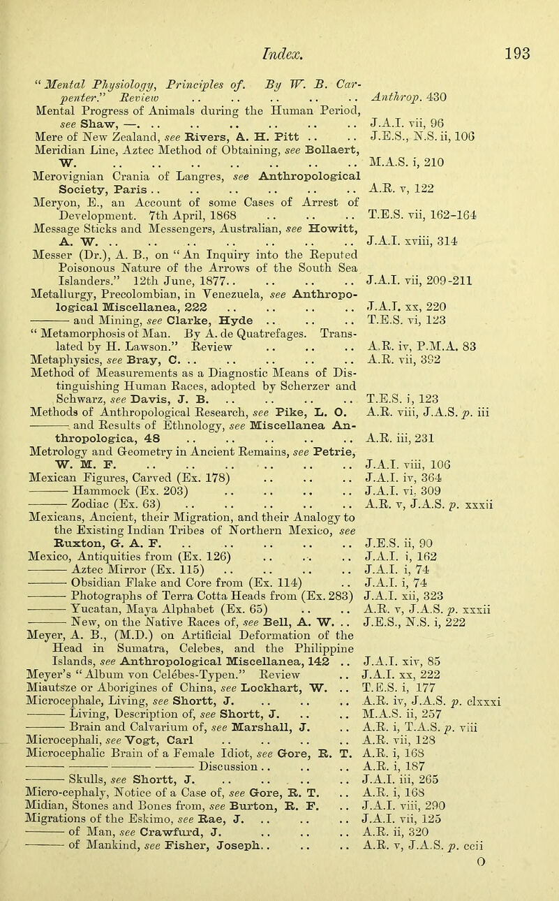 “ Mental Physiology, Principles of. By W. B. Car- penter.” Review .. .. .. .. .. Anthrop. 430 Mental Progress of Animals during the Human Period, see Shaw, —. .. .. .. .. .. .. J.A.I. vii, 96 Mere of New Zealand, see Rivers, A. H. Pitt .. .. J.E.S., N.S. ii, 106 Meridian Line, Aztec Method of Obtaining, see Bollaert, W. M.A.S. i, 210 Merovignian Crania of Langres, see Anthropological Society, Paris .. .. .. .. .. .. A.R. v, 122 Mery on, E., an Account of some Cases of Arrest of Development. 7th April, 1868 .. .. .. T.E.S. vii, 162-164 Message Sticks and Messengers, Australian, see Howitt, A. W. .. .. .. .. .. .. .. J.A.I. xviii, 314 Messer (Dr.), A. B., on “An Inquiry into the Reputed Poisonous Nature of the Arrows of the South Sea Islanders.” 12th June, 1877.. Metallurgy, Precolombian, in Venezuela, see Anthropo- logical Miscellanea, 222 and Mining, see Clarke, Hyde “ Metamorphosis ot Man. By A. de Quatrefages. Trans- lated by II. Lawson.” Review Metaphysics, see Bray, C. .. Method of Measurements as a Diagnostic Means of Dis- tinguishing Human Races, adopted by Scherzer and Schwarz, see Davis, J. B. Methods of Anthropological Research, see Pike, L. O. and Results of Ethnology, see Miscellanea An- thropologica, 48 Metrology and Geometry in Ancient Remains, see Petrie, W. M. F Mexican Figures, Carved (Ex. 178) Hammock (Ex. 203) Zodiac (Ex. 63) Mexicans, Ancient, their Migration, and their Analogy to the Existing Indian Tribes of Northern Mexico, see Ruxton, G. A. F. Mexico, Antiquities from (Ex. 126) Aztec Mirror (Ex. 115) Obsidian Flake and Core from (Ex. 114) Photographs of Terra Cotta Heads from (Ex. 283) Yucatan, Maya Alphabet (Ex. 65) New, on the Native Races of, see Bell, A. W. .. Meyer, A. B., (M.D.) on Artificial Deformation of the Head in Sumatra, Celebes, and the Philippine Islands, see Anthropological Miscellanea, 142 .. Meyer’s “ Album von Celebes-Typen.” Review Miautsze or Aborigines of China, see Lockhart, W. .. Microcephale, Living, see Shortt, J. Living, Description of, see Shortt, J. Brain and Calvarium of, see Marshall, J. Microcephali, see Vogt, Carl Microcephalic Brain of a Female Idiot, see Gore, R. T. Discussion.. Skulls, see Shortt, J. Micro-cephaly, Notice of a Case of, see Gore, R. T. Midian, Stones and Bones from, see Burton, R. F. Migrations of the Eskimo, see Rae, J. of Man, see Crawfurd, J. of Mankind, see Fisher, Joseph.. J.A.I. vii, 209-211 J.A.I. xx, 220 T.E.S. vi, 123 A.R. iv, P.M.A. 83 A.R. vii, 392 T.E.S. i, 123 A.R. viii, J.A.S. p. iii A.R. iii, 231 J.A.I. viii, 106 J.A.I. iv, 364 J.A.I. vi, 309 A.R. v, J.A.S. p. xxxii J.E.S. ii, 90 J.A.I. i, 162 J.A.I. i, 74 J.A.I. i, 74 J.A.I. xii, 323 A.R. v, J.A.S. p. xxxii J.E.S., N.S. i, 222 J.A.I. xiv, 85 J.A.I. xx, 222 T.E.S. i, 177 A.R. iv, J.A.S. p. clxxxi M.A.S. ii, 257 A.R. i, T.A.S. p. viii A.R. vii, 128 A.R. i, 168 A.R. i, 187 J.A.I. iii, 265 A.R. i, 168 J.A.I. viii, 290 J.A.I. vii, 125 A.R. ii, 320 A.R. v, J.A.S. p. ccii O