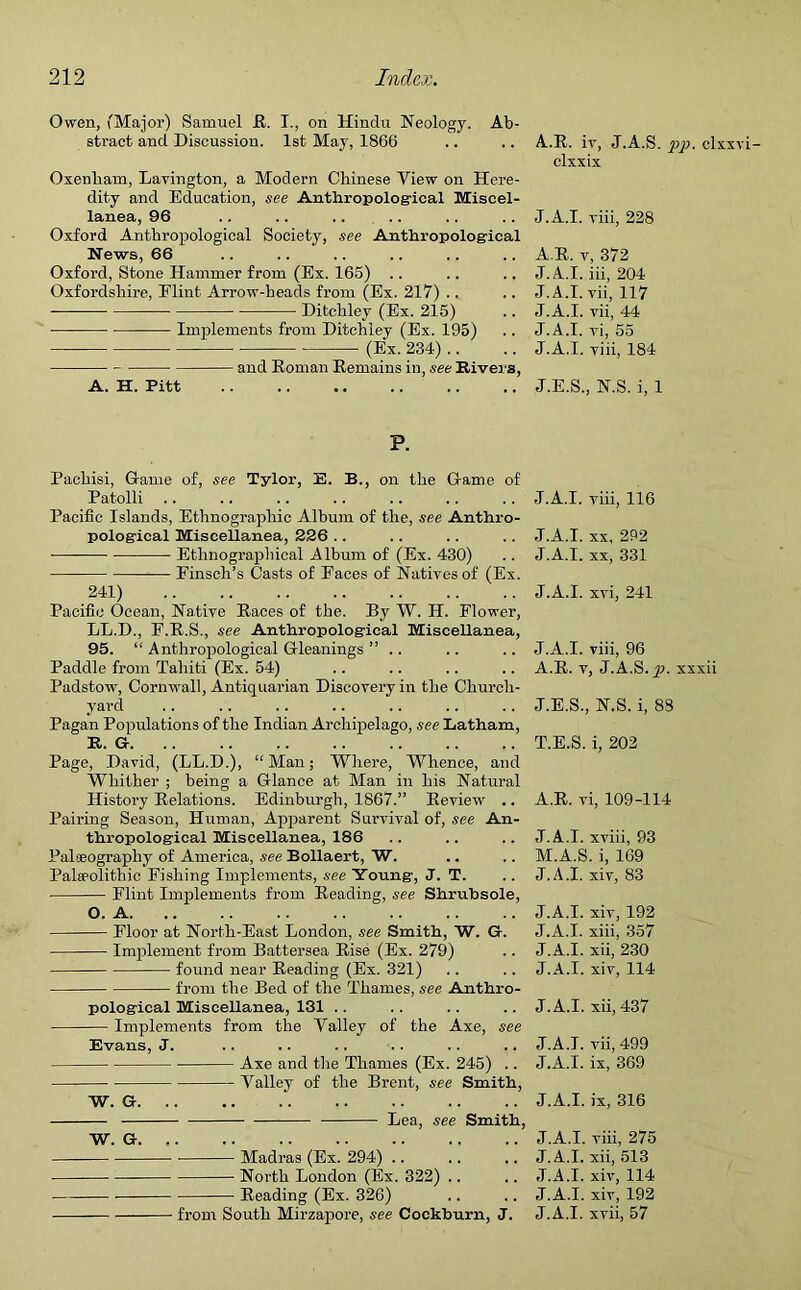 Owen, (Major) Samuel R. I., on Hindu Neology. Ab- stract and Discussion. 1st May, 1866 Oxenliam, Lavington, a Modern Chinese View on Here- dity and Education, see Anthropological Miscel- lanea, 96 Oxford Anthropological Society, see Anthropological News, 66 Oxford, Stone Hammer from (Ex. 165) .. Oxfordshire, Elint Arrow-heads from (Ex. 217) .. ——— Ditchley (Ex. 215) Implements from Ditchley (Ex. 195) ■ (Ex. 234) .. and Roman Remains in, see Rivers, A. H. Pitt A.R. ir, J.A.S. pp. clxxvi- clxxix J.A.I. viii, 228 A.R. v, 372 J.A.I. iii, 204 J.A.I. vii, 117 J.A.I. vii, 44 J.A.I. yi, 55 J.A.I. viii, 184 J.E.S., N.S. i, 1 P. Pachisi, Game of, see Tylor, E. B., on the Game of Patolli Pacific Islands, Ethnographic Album of the, see Anthro- pological Miscellanea, 226 .. ■ • Ethnographical Album of (Ex. 430) [Finsell’s Casts of Faces of Natives of (Ex. 241) Pacific Ocean, Native Races of the. By W. H. Flower, LL.D., F.R.S., see Anthropological Miscellanea, 95. “ Anthropological Gleanings ” .. Paddle from Tahiti (Ex. 54) Padstow, Cornwall, Antiquarian Discovery in the Church- yard Pagan Populations of the Indian Archipelago, see Latham, R. G Page, David, (LL.D.), “Man; Where, Whence, and Whither ; being a Glance at Man in his Natural History Relations. Edinburgh, 1867.” Review .. Pairing Season, Human, Apparent Survival of, see An- thropological Miscellanea, 186 Palaeography of America, see Bollaert, W. Palaeolithic Fishing Implements, see Young, J. T. Flint Implements from Reading, see Shrubsole, O. A Floor at North-East London, see Smith, W. G. Implement from Battersea Rise (Ex. 279) found near Reading (Ex. 321) from the Bed of the Thames, see Anthro- pological Miscellanea, 131 . . Implements from the Yalley of the Axe, see Evans, J. Axe and the Thames (Ex. 245) .. Yalley of the Brent, see Smith, W. G ‘ Lea, see Smith, W. G Madras (Ex. 294) .. North London (Ex. 322) .. Reading (Ex. 326) J.A.I. viii, 116 J.A.I. xx, 292 J.A.I. xx, 331 J.A.I. xri, 241 J.A.I. viii, 96 A.R. v, J.A.S. p. xxxii J.E.S., N.S. i, 83 T.E.S. i, 202 A.R. vi, 109-114 J.A.I. xviii, 93 M.A.S. i, 169 J.A.I. xiv, 83 J.A.I. xiv, 192 J.A.I. xiii, 357 J.A.I. xii, 230 J.A.I. xiv, 114 J.A.I. xii, 437 J.A.I. vii, 499 J.A.I. ix, 369 J.A.I. ix, 316 J.A.I. viii, 275 J.A.I. xii, 513 J.A.I. xiv, 114 J.A.I. xiv, 192