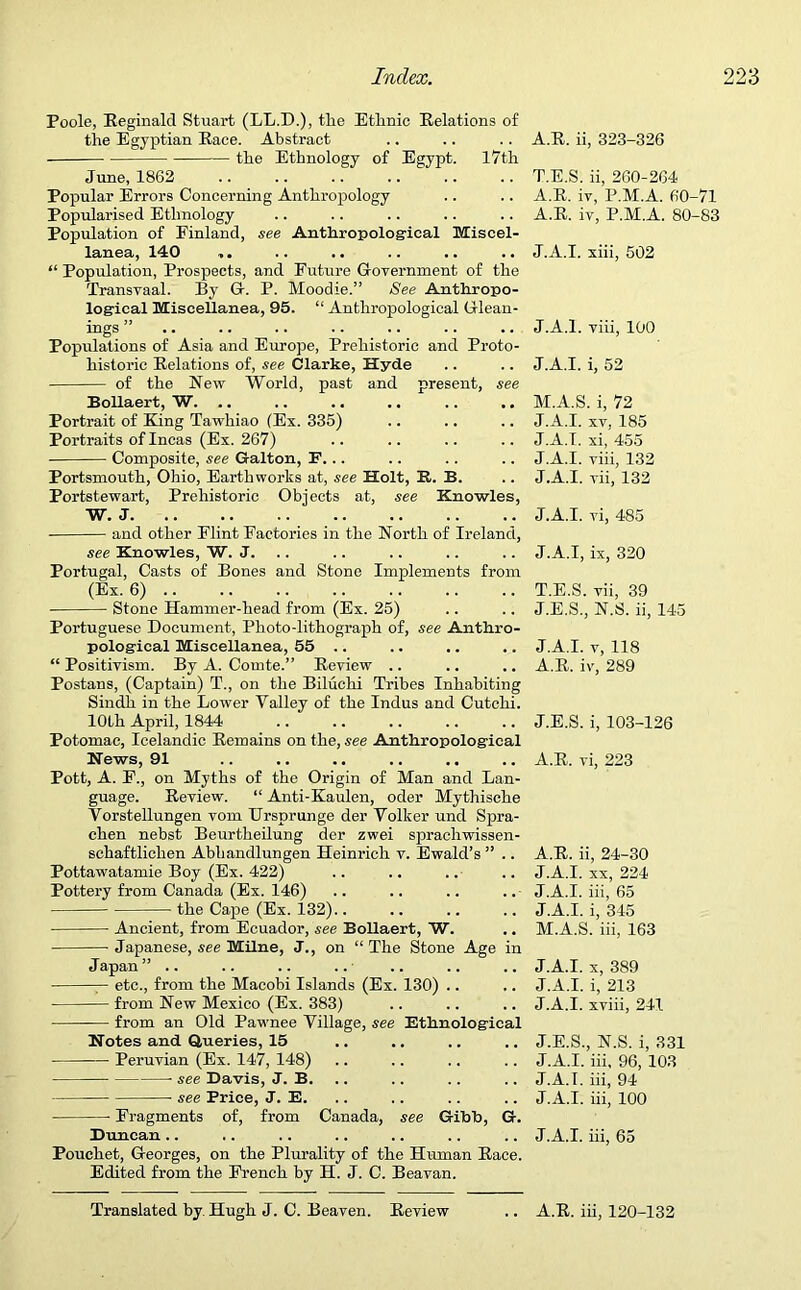 Poole, Reginald Stuart (LL.D.), tlie Ethnic Relations of the Egyptian Race. Abstract the Ethnology of Egypt. 17th June, 1862 Popular Errors Concerning Anthropology Popularised Ethnology Population of Finland, see Anthropological Miscel- lanea, 140 ,. “ Population, Prospects, and Future Government of the Transvaal. By G. P. Moodie.” See Anthropo- logical Miscellanea, 95. “ Anthropological Glean- ings ” •• , Populations of Asia and Europe, Prehistoric and Proto- historic Relations of, see Clarke, Hyde of the New World, past and present, see Bollaert, W. Portrait of King Tawhiao (Ex. 335) Portraits of Incas (Ex. 267) Composite, see Galton, E... Portsmouth, Ohio, Earthworks at, see Holt, R. B. Portstewart, Prehistoric Objects at, see Knowles, W. J and other Flint Factories in the North of Ireland, see Knowles, W. J. Portugal, Casts of Bones and Stone Implements from (Ex. 6) Stone Hammer-head from (Ex. 25) Portuguese Document, Photo-lithograph of, see Anthro- pological Miscellanea, 55 .. “ Positivism. By A. Comte.” Review .. Postans, (Captain) T., on the Biluchi Tribes Inhabiting Sindh in the Lower Valley of the Indus and Cutchi. 10th April, 1844 Potomac, Icelandic Remains on the, see Anthropological News, 91 Pott, A. F., on Myths of the Origin of Man and Lan- guage. Review. “ Anti-Kaulen, oder Mythische Vorstellungen vom Ursprunge der Volker und Spra- chen nebst Beurtheilung der zwei sprachwissen- schaftlichen Abliandlungen Heinrich v. Ewald’s ” .. Pottawatamie Boy (Ex. 422) Pottery from Canada (Ex. 146) the Cape (Ex. 132).. Ancient, from Ecuador, see Bollaert, W. ■ Japanese, see Milne, J., on “ The Stone Age in Japan ” .. — etc., from the Macobi Islands (Ex. 130) .. from New Mexico (Ex. 383) from an Old Pawnee Village, see Ethnological Notes and Queries, 15 Peruvian (Ex. 147, 148) see Davis, J. B. see Price, J. E. Fragments of, from Canada, see Gibb, G. Duncan .. Pouchet, Georges, on the Plurality of the Human Race. Edited from the French by H. J. C. Beavan. A.R. ii, 323-326 T.E.S. ii, 260-264 A.R. iv, P.M.A. 60-71 A.R. iv, P.M.A. 80-83 J.A.I. xiii, 502 J.A.l. viii, 100 J.A.I. i, 52 M.A.S. i, 72 J.A.I. xv, 185 J.A.I. xi, 455 J.A.I. viii, 132 J.A.I. vii, 132 J.A.I. vi, 485 J.A.I, ix, 320 T.E.S. vii, 39 J.E.S., N.S. ii, 145 J.A.I. v, 118 A.R. iv, 289 J.E.S. i, 103-126 A.R. vi, 223 A.R. ii, 24-30 J.A.I. xx, 224 J.A.I. iii, 65 J.A.I. i, 345 M.A.S. iii, 163 J.A.L x, 389 J.A.I. i, 213 J.A.I. xviii, 241 J.E.S., N.S. i, 331 J.A.I. iii, 96, 103 J.A.I. iii, 94 J.A.I. iii, 100 J.A.I. iii, 65 Translated by. Hugh J. C. Beaven. Review A.R. iii, 120-132