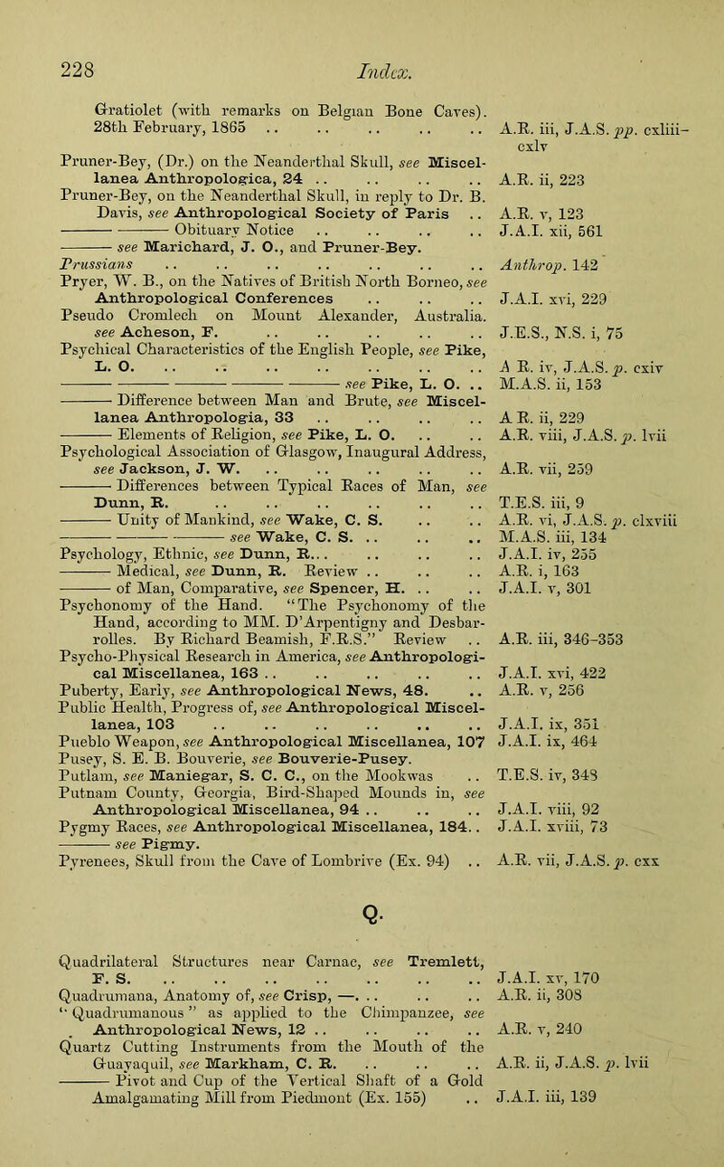 Gratiolet (with remarks on Belgian Bone Cares). 28th February, 1865 Pruner-Bey, (Dr.) on the Neanderthal Skull, see Miscel- lanea Anthropologica, 24 .. Pruner-Bey, on the Neanderthal Skull, iu reply to Dr. B. Davis, see Anthropological Society of Paris Obituary Notice see Marichard, J. O., and Pruner-Bey. Prussians Pryer, W. B., on the Natives of British North Borneo, see Anthropological Conferences Pseudo Cromlech on Mount Alexander, Australia. see Acheson, P. Psychical Characteristics of the English People, see Pike, L. O see Pike, L. O. .. Difference between Man and Brute, see Miscel- lanea Anthropologia, 33 Elements of Religion, see Pike, U. O. Psychological Association of Glasgow, Inaugural Address, see Jackson, J. W. Differences between Typical Races of Man, see Dunn, R. Unity of Mankind, see Wake, C. S. see Wake, C. S. .. Psychology, Ethnic, see Dunn, R... Medical, see Dunn, R. Review .. of Man, Comparative, see Spencer, H. .. Psychonomy of the Hand. “The Psychonomy of the Hand, according to MM. D’Arpentigny and Desbar- rolles. By Richard Beamish, F.R.S.” Review Psycho-Physical Research in America, see Anthropologi- cal Miscellanea, 163 Puberty, Early, see Anthropological News, 48. Public Health, Progress of, see Anthropological Miscel- lanea, 103 Pueblo Weapon, see Anthropological Miscellanea, 107 Pusey, S. E. B. Bouverie, see Bouverie-Pusey. Putlam, see Maniegar, S. C. C., on the Mookwas Putnam County, Georgia, Bird-Shaped Mounds in, see Anthropological Miscellanea, 94 .. Pygmy Races, see Anthropological Miscellanea, 184.. see Pigmy. Pyrenees, Skull from the Cave of Lombrive (Ex. 94) Q- Quadrilateral Structures near Carnae, see Tremlett, P. S Quadrumana, Anatomy of, see Crisp, —. .. “ Quadrumanous ” as applied to the Chimpanzee, see Anthropological News, 12 .. Quartz Cutting Instruments from the Mouth of the Guayaquil, see Markham, C. R. Pivot and Cup of the Vertical Shaft of a Gold A.R. iii, J.A.S.jap. cxliii- cxlv A.R, ii, 223 A.R. v, 123 J. A.I. xii, 561 Anthrop. 142 J.A.I. xvi, 229 J.E.S., N.S. i, 75 A R. iv, J.A.S. p. cxiv M.A.S. ii, 153 A R. ii, 229 A.R. viii, J.A.S. p. lvii A.R. vii, 259 T.E.S. iii, 9 A.R. vi, J.A.S. p. clxviii M.A.S. iii, 134 J.A.I. iv, 255 A.R. i, 163 J.A.I. v, 301 A.R. iii, 346-353 J.A.I. xvi, 422 A.R. v, 256 J.A.I. ix, 351 J.A.I. ix, 464 T.E.S. iv, 343 J.A.I. viii, 92 J.A.I. xviii, 73 A.R. vii, J.A.S. p. exx J.A.I. xv, 170 A.R. ii, 308 A.R. v, 240 A.R. ii, J.A.S. p. lvii