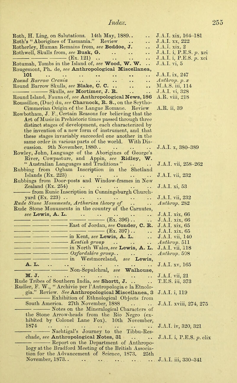 Roth, H. Ling, on Salutations. 14th May, 1889.. Roth’s “ Aborigines of Tasmania.” Review Rotherley, Human Remains from, see Beddoe, J. Rothwell, Skulls from, see Busk, G-. (Ex. 121) Rotumah, Tombs in the Island of, see Wood, W. W. .. Rougemont, Ph. de, see Anthropological Miscellanea, 101 Round Barrow Crania Round Barrow Skulls, see Blake, C. C. .. Skulls, see Mortimer, J. B. Round Island, Eaunaof, see Anthropological News, 186 Roussillon, (Due) du, see Charnock, B. S., on the Scytlio- Cimmerian Origin of the Langue Romane. Review Rowbotham, J. F., Certain Reasons for believing that the Art of Music in Prehistoric times passed through three distinct stages of development, each characterized by the invention of a new form of instrument, and that these stages invariably succeeded one another in the same order in various parts of the world. With Dis- cussion. 9th November, 1880.. Rowley, John, Language of the Aborigines of G-eorge’s River, Cowpasture, and Appin, see Bidley, W. “ Australian Languages and Traditions ” Rubbing from Ogham Inscription in the Shetland Islands (Ex. 223) Rubbings from Door-posts and Window-frames in New Zealand (Ex. 254) from Runic Inscription in Cunningsburgh Church- yard (Ex. 223) Rude Stone Monuments, Arthurian theory of Rude Stone Monuments in the country of the Carnutes, see Lewis, A. L. (Ex. 396) .. East of Jordan, see Conder, C. B. (Ex. 397).. in Kent, see Lewis, A. L. Kentish group in North Wales, see Lewis, A. L. Oxfordshire group.. in Westmoreland, see Lewis, A. L —- — Non-Sepulchral, see Walhouse, M. J Rude Tribes of Southern India, see Shortt, J. .. Rudler, F. W., “Archivio per l’Antropologia e laEtnolo- gia.” Review. See Anthropological Miscellanea, 3 Exhibition of Ethnological Objects from South America. 27th November, 1888 Notes on the Mineralogical Characters of the Stone Arrow-heads from the Rio Negro (ex- hibited by Colonel Lane Eox). 10th November, 1874 Nachtigal’s Journey to the Tibbu-Res- chade, see Anthropological Notes, 31 —— Report on the Department of Anthropo- logy at the Bradford Meeting of the British Associa- tion for the Advancement of Science, 1873. 25th J.A.I. xix, 16-K181 J.A.I. xx, 222 J.A.T. xix, 2 J.A.I. i, P.E.S.^3. xci J.A.I. i, P.E.S. p. xci J.A.I. vi, 5 J.A.I. ix, 247 Anthrop. p. x M.A.S. iii, 114 J.A.I. vi, 328 A.R. viii, 218 A.R. ii, 39 J.A.I. x, 380-389 J.A.I. vii, 258-262 J.A.I. vii, 232 J.A.I. xi, 53 J.A.I. vii, 232 Anthrop. 282 J.A.I. xix, 66 J.A.I. xix, 66 J.A.I. xix, 65 J.A.I. xix, 65 J.A.I. vii, 140 Anthrop. 511 J.A.I. vii, 118 Anthrop. 508 J.A.I. xv, 165 J.A.I. vii, 21 T.E.S. iii, 373 J.A.I. i, 119 J.A.I. xviii, 274, 275 J.A.T. iv, 320, 321 J.A.I. i, P.E.S. p. clix