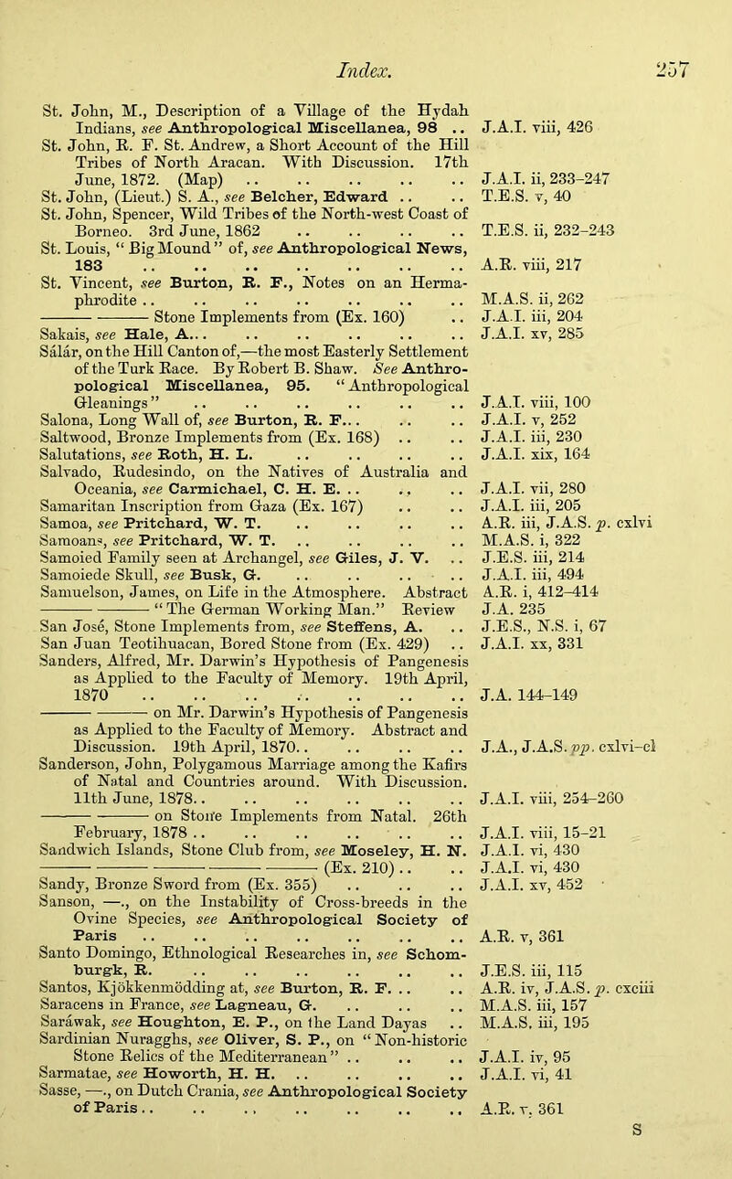 St. John, M., Description of a Village of the Hydah Indians, see Anthropological Miscellanea, 98 .. St. John, R. F. St. Andrew, a Short Account of the Hill Tribes of North Aracan. With Discussion. 17th June, 1872. (Map) St. John, (Lieut.) S. A., see Belcher, Edward .. St. John, Spencer, Wild Tribes of the North-west Coast of Borneo. 3rd June, 1862 St. Louis, “ Big Mound” of, see Anthropological News, 183 St. Vincent, see Burton, R. E., Notes on an Herma- phrodite .. ———— Stone Implements from (Ex. 160) Sakais, see Hale, A... Salar, on the Hill Canton of,—the most Easterly Settlement of the Turk Race. By Robert B. Shaw. See Anthro- pological Miscellanea, 95. “ Anthropological Gleanings ” Salona, Long Wall of, see Burton, R. F... Saltwood, Bronze Implements from (Ex. 168) Salutations, see Both, H. L. Salvado, Rudesindo, on the Natives of Australia and Oceania, see Carmichael, C. H. E. .. ., Samaritan Inscription from Gaza (Ex. 167) Samoa, see Pritchard, W. T. Samoans, see Pritchard, W. T. Samoied Family seen at Archangel, see Giles, J. V. Samoiede Skull, see Busk, G. Samuelson, James, on Life in the Atmosphere. Abstract - “ The German Working Man.” Review San Jose, Stone Implements from, see Steffens, A. San Juan Teotihuacan, Bored Stone from (Ex. 429) Sanders, Alfred, Mr. Darwin’s Hypothesis of Pangenesis as Applied to the Faculty of Memory. 19th April, 1870 on Mr. Darwin’s Hypothesis of Pangenesis as Applied to the Faculty of Memory. Abstract and Discussion. 19th April, 1870.. Sanderson, John, Polygamous Marriage among the Kafirs of Natal and Countries around. With Discussion. 11th June, 1878.. on Ston'e Implements from Natal. 26th February, 1878 Sandwich Islands, Stone Club from, see Moseley, H. N. —— (Ex. 210) Sandy, Bronze Sword from (Ex. 355) Sanson, —., on the Instability of Cross-breeds in the Ovine Species, see Anthropological Society of Paris Santo Domingo, Ethnological Researches in, see Schom- burgk, R. Santos, Kjokkenmodding at, see Burton, R. F. .. Saracens in France, see Lagneau, G. Sarawak, see Houghton, E. P., on the Land Dayas Sardinian Nuragghs, see Oliver, S. P., on “ Non-historic Stone Relics of the Mediterranean” .. Sarmatae, see Howorth, H. H. .. .. .. .. Sasse, —., on Dutch Crania, see Anthropological Society of Paris J.A.I. viii, 426 J.A.I. ii, 233-247 T.E.S. v, 40 T.E.S. ii, 232-243 A.R. viii, 217 M.A.S. ii, 262 J.A.I. iii, 204 J.A.I. xv, 285 J.A.I. viii, 100 J.A.I. v, 252 J.A.I. iii, 230 J.A.I. xix, 164 J.A.I. vii, 280 J.A.I. iii, 205 A.R. iii, J.A.S. p. cxlvi M.A.S. i, 322 J.E.S. iii, 214 J.A.I. iii, 494 A.R. i, 412-414 J.A. 235 J.E.S., N.S. i, 67 J.A.I. xx, 331 J.A. 144-149 J.A., J.A.S. pp. cxlvi-cl J.A.I. viii, 254-260 J.A.I. viii, 15-21 J.A.I. vi, 430 J.A.I. vi, 430 J.A.I. xv, 452 ■ A.R. v, 361 J.E.S. iii, 115 A.R. iv, J.A.S. p. cxciii M.A.S. iii, 157 M.A.S. iii, 195 J.A.I. iv, 95 J.A.I. vi, 41 A.R. v. 361 S