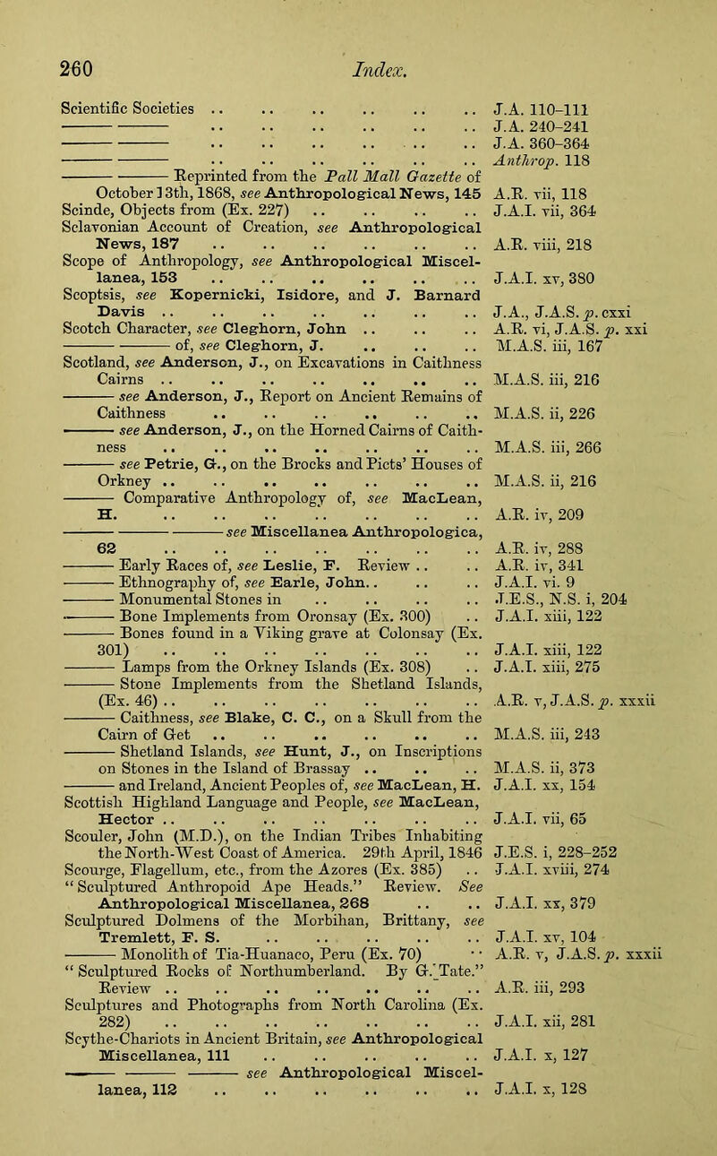 Scientific Societies .. Reprinted from the Pall Mall Gazette of October 13th, 1868, see Anthropological News, 145 Scinde, Objects from (Ex. 227) Sclavonian Account of Creation, see Anthropological News, 187 Scope of Anthropology, see Anthropological Miscel- lanea, 153 Scoptsis, see Kopernicki, Isidore, and J. Barnard Davis .. Scotch Character, see Cleghorn, John .. of, see Cleghorn, J. Scotland, see Anderson, J., on Excavations in Caithness Cairns .. see Anderson, J., EejDort on Ancient Remains of Caithness .. .. .. .. see Anderson, J., on the Horned Cairns of Caith- ness see Petrie, G-., on the Brocks and Piets’ Houses of Orkney ,. Comparative Anthropology of, see MacLean, H see Miscellanea Anthropologica, 62 Early Races of, see Leslie, F. Review .. Ethnography of, see Earle, John.. Monumental Stones in Bone Implements from Oronsay (Ex. 300) Bones found in a Viking grave at Colonsay (Ex. 301) Lamps from the Orkney Islands (Ex. 308) Stone Implements from the Shetland Islands, (Ex. 46) Caithness, see Blake, C. C., on a Skull from the Cairn of G-et Shetland Islands, see Hunt, J., on Inscriptions on Stones in the Island of Brassay .. and Ireland, Ancient Peoples of, see MacLean, H. Scottish Highland Language and People, see MacLean, Hector .. Scouler, John (M.D.), on the Indian Tribes Inhabiting the North-West Coast of America. 29th April, 1846 Scourge, Flagellum, etc., from the Azores (Ex. 385) “ Sculptured Anthropoid Ape Heads.” Review. See Anthropological Miscellanea, 268 Sculptured Dolmens of the Morbihan, Brittany, see Tremlett, F. S. Monolith of Tia-Huanaco, Peru (Ex. 70) “ Sculptured Rocks of Northumberland. By G-.'Tate.” Review .. Sculptures and Photog-aphs from North Carolina (Ex. 282) Scythe-Chariots in Ancient Britain, see Anthropological Miscellanea, 111 see Anthropological Miscel- J.A. 110-111 J.A. 240-241 J.A. 360-364 Anthrop. 118 A.R. vii, 118 J.A.I. vii, 364 A.R. viii, 21S J.A.I. xv, 380 J. A., J.A.S. p. exxi A.R. vi, J.A.S. p. xxi M.A.S. iii, 167 M.A.S. iii, 216 M.A.S. ii, 226 M.A.S. iii, 266 M.A.S. ii, 216 A.R. iv, 209 A.R. iv, 288 A.R. iv, 341 J.A.I. vi. 9 J.E.S., N.S. i, 204 J.A.I. xiii, 122 J.A.I. xiii, 122 J.A.I. xiii, 275 A.R. v, J.A.S. p. xxxii M.A.S. iii, 243 M.A.S. ii, 373 J.A.I. xx, 154 J.A.I. vii, 65 J.E.S. i, 228-252 J.A.I. xviii, 274 J.A.I. xx, 379 J.A.I. xv, 104 A.R. v, J.A.S. p. xxxii A.R. iii, 293 J.A.I. xii, 281 J.A.I. x, 127