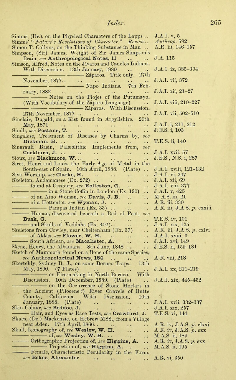 Simms, (Dr.), on the Physical Characters of the Lapps .. Simms’ “ Nature s Revelations of CharacterReview.. Simon T. Collyns, on the Thinking Substance in Man . . Simpson, (Sir) James, Weight of Sir James Simpson’s Brain, see Anthropological Notes, 11 Simson, Alfred, Notes on the Jivaros and Canelos Indians. With Discussion. 13th January, 1880 Zaparos. Title only. 27th November, 1877.. Napo Indians. 7th Feb- ruary, 1882 Notes on the Piojes of the Putumayo. (With Vocabulary of the Zaparo Language) Zaparos. With Discussion. 27th November, 1877 Sinclair, Dugald, on a Kist found in Argyllshire. 29th May, 1871 Sindh, see Postans, T. Singalese, Treatment of Diseases by Charms by, see Dickman, H. . . Singrauli Basin, Palaeolithic Implements from, see Cockburn, J. .. Sioux, see Blackmore, W. Siret, Henri and Louis, the Early Age of Metal in the South-east of Spain. 10th April, 1888. (Plate) .. Siva Worship, see Clarke, H. Skeleton, Andamanese (Ex. 272) .. found at Cissbury, see Rolleston, G. in a Stone Coffin in London (Ex. 190) .. of an Aino Woman, see Davis, J. B. of a Hottentot, see Wyman, J. . . Pampas Indian (Ex. 33) .. Human, discovered beneath a Bed of Peat, see Busk, G. and Skulls of Veddahs (Ex. 402).. Skeletons from Cowley, near Cheltenham (Ex. 37) of Akkas, see Flower, W. H. South African, see Macalister, A. Skene, Henry, the Albanians. 8th June, 1848 Sketch of Mammoth found on a Bone of the same Species, see Anthropological News, 184 .. ,, Skertchly, Sydney B. J., on some Borneo Traps. 13th May, 1890. (7 Plates) on Fire-making in North Borneo. With Discussion. 10th December, 1889. (Plate) on the Occurrence of Stone Mortars in the Ancient (Pliocene ?) River Gravels of Butte County, California. With Discussion. 10tli January, 1888. (Plate) Skin Colour, see Beddoe, J. Hair, and Eyes as Race Tests, see Crawfurd, J. Skues, (Dr.) Mackenzie, on Hebrew MSS., from a Village near Aden. 17th April, 186(3.. Skull, Iconography of, see Wesley, W. H. of, see Wesley, W. H. .. —- Orthographic Projection of, see Higgins, A. ——— Projection of, see Higgins, A. .. Female, Characteristic Peculiarity in the Form, see Ecker, Alexander J.A.I. v, 5 Anthrop. 592 A.R. iii, 146-157 J.A. 115 J.A.I. ix, 385-394 J.A.I. vii, 372 J.A.I. xii, 21-27 J.A.I. viii, 210-227 J.A.I. vii, 502-510 J.A.I. i, 211, 212 J.E.S. i, 103 T.E.S. ii, 140 J.A.I. xvii, 57 J.E.S., N.S. i, 287 J.A.I. xviii, 121-132 J.A.I. vi, 247 J.A.I. xii, 69 J.A.I. viii, 377 J.A.I. v, 425 M.A.S.iii, 21 A.R. iii, 330 A.R. iii, J.A.S. p. cxxiii T.E.S. iv, 101 J.A.I. xix, 125 A.R. iii, J.A.S. p. cxlvi J.A.I. xviii, 3 J.A.I. xvi, 149 J.E.S. ii, 159-181 A.R. viii, 218 J.A.I. xx, 211-219 J.A.I. xix, 445-452 J.A.I. xvii, 332-337 J.A.I. xix, 257 T.E.S. vi, 144 A.R. iv, J.A.S. p. clxxi A.R. iv, J.A.S. p. exx M.A.S. ii, 189 A.R. iv, J.A.S. p. exx M.A.S. ii, 195 A.R, vi, 350