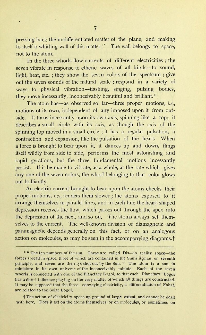 pressing back the undifferentiated matter of the plane, and making to itself a whirling wall of this matter.” The wall belongs to space, not to the atom. In the three whorls flow currents of different electricities ; the seven vibrate in response to etheric waves of all kinds—to sound, light, heat, etc. ; they show the seven colors of the spectrum ; give out the seven sounds of the natural scale ; respond in a variety of ways to physical vibration—flashing, singing, pulsing bodies, they move incessantly, inconceivably beautiful and brilliant.* The atom has—as observed so far—three proper motions, i.e., motions of its own, independent of any imposed upon it from out- side. It turns incessantly upon its own axis, spinning like a top; it describes a small circle with its axis, as though the axis of the spinning top moved in a small circle ; it has a regular pulsation, a contraction and expansion, like the pulsation of the heart. When a force is brought to bear upon it, it dances up and down, flings itself wildly from side to side, performs the most astonishing and rapid gyrations, but the three fundamental motions incessantly persist. If it be made to vibrate, as a whole, at the rate which gives any one of the seven colors, the whorl belonging to that color glows out brilliantly. An electric current brought to bear upon the atoms checks their proper motions, i.e., renders them slower ; the atoms exposed to it arrange themselves in parallel lines, and in each line the heart- shaped depression receives the flow, which passes out through the apex into the depression of the next, and so on. The atoms always set them- selves to the current. The well-known division of diamagnetic and paramagnetic depends generally on this fact, or on an analogous action on molecules, as may be seen in the accompanying diagrams.! * “ The ten numbers of the sun. These are called Dis—in reality space—the forces spread in space, three of which are contained in the Sun’s Atman, or seventh principle, and seven are the rays shot out by the Sun. ’’ The atom is a sun in miniature in its own universe of the inconceivably minute. Each of the seven whorls is connected with one of the Planetary Logoi, so that each Planetary Logos has a direct influence playing on the very matter of which all things are constructed. It may be supposed that the three, conveying electricity, a differentiation of Fohat, are related to the Solar Logoi. f The action of electricity opens up ground of large extent, and cannot be dealt with here. Does it act on the atoms themselves, or on molecules, or sometimes on