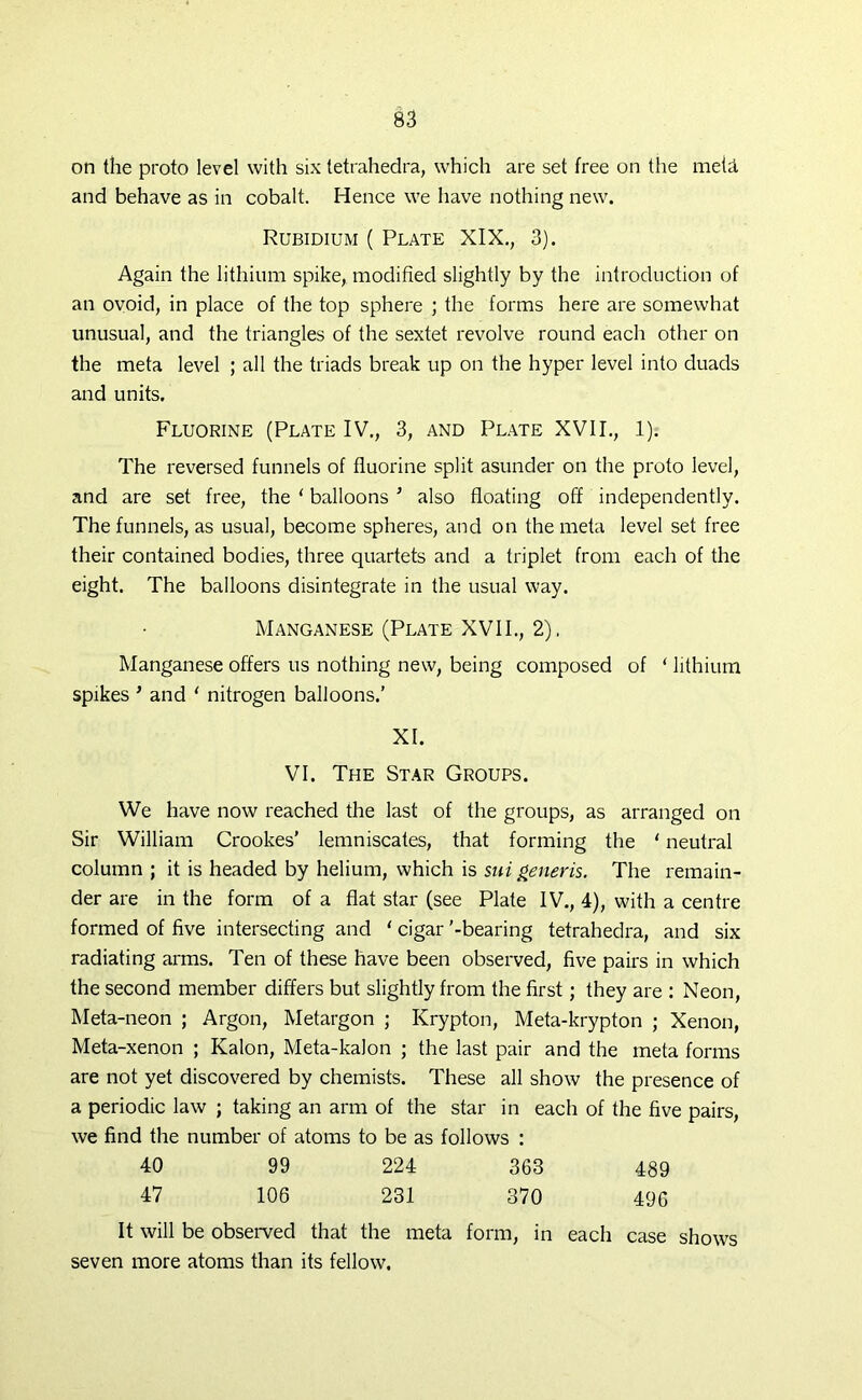 on the proto level with six tetrahedra, which are set free on the meti and behave as in cobalt. Hence we have nothing new. Rubidium ( Plate XIX., 3). Again the lithium spike, modified slightly by the introduction of an ovoid, in place of the top sphere ; the forms here are somewhat unusual, and the triangles of the sextet revolve round each other on the meta level ; all the triads break up on the hyper level into duads and units. Fluorine (Plate IV., 3, and Plate XVII., 1). The reversed funnels of fluorine split asunder on the proto level, and are set free, the 1 balloons 5 also floating off independently. The funnels, as usual, become spheres, and on the meta level set free their contained bodies, three quartets and a triplet from each of the eight. The balloons disintegrate in the usual way. Manganese (Plate XVII., 2). Manganese offers us nothing new, being composed of ‘ lithium spikes ’ and ‘ nitrogen balloons.’ XI. VI. The Star Groups. We have now reached the last of the groups, as arranged on Sir William Crookes’ lemniscates, that forming the ‘ neutral column ; it is headed by helium, which is sui generis. The remain- der are in the form of a flat star (see Plate IV., 4), with a centre formed of five intersecting and ‘ cigar ’-bearing tetrahedra, and six radiating arms. Ten of these have been observed, five pairs in which the second member differs but slightly from the first; they are : Neon, Meta-neon ; Argon, Metargon ; Krypton, Meta-krypton ; Xenon, Meta-xenon ; Kalon, Meta-kalon ; the last pair and the meta forms are not yet discovered by chemists. These all show the presence of a periodic law ; taking an arm of the star in each of the five pairs, we find the number of atoms to be as follows : 40 99 224 363 489 47 106 231 370 496 It will be observed that the meta form, in each case shows seven more atoms than its fellow.