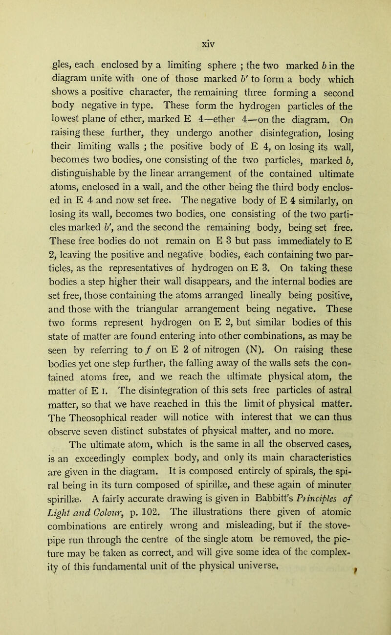 gles, each enclosed by a limiting sphere ; the two marked b in the diagram unite with one of those marked b' to form a body which shows a positive character, the remaining three forming a second body negative in type. These form the hydrogen particles of the lowest plane of ether, marked E 4—ether 4—on the diagram. On raising these further, they undergo another disintegration, losing their limiting walls ; the positive body of E 4, on losing its wall, becomes two bodies, one consisting of the two particles, marked b, distinguishable by the linear arrangement of the contained ultimate atoms, enclosed in a wall, and the other being the third body enclos- ed in E 4 and now set free. The negative body of E 4 similarly, on losing its wall, becomes two bodies, one consisting of the two parti- cles marked b', and the second the remaining body, being set free. These free bodies do not remain on E 3 but pass immediately to E 2, leaving the positive and negative bodies, each containing two par- ticles, as the representatives of hydrogen on E 3. On taking these bodies a step higher their wall disappears, and the internal bodies are set free, those containing the atoms arranged lineally being positive, and those with the triangular arrangement being negative. These two forms represent hydrogen on E 2, but similar bodies of this state of matter are found entering into other combinations, as may be seen by referring to / on E 2 of nitrogen (N). On raising these bodies yet one step further, the falling away of the walls sets the con- tained atoms free, and we reach the ultimate physical atom, the matter of E I. The disintegration of this sets free particles of astral matter, so that we have reached in this the limit of physical matter. The Theosophical reader will notice with interest that we can thus observe seven distinct substates of physical matter, and no more. The ultimate atom, which is the same in all the observed cases, is an exceedingly complex body, and only its main characteristics are given in the diagram. It is composed entirely of spirals, the spi- ral being in its turn composed of spirillae, and these again of minuter spirillae. A fairly accurate drawing is given in Babbitt's Principles of Light and Colour, p. 102. The illustrations there given of atomic combinations are entirely wrong and misleading, but if the stove- pipe run through the centre of the single atom be removed, the pic- ture may be taken as correct, and will give some idea of the complex- ity of this fundamental unit of the physical universe, /