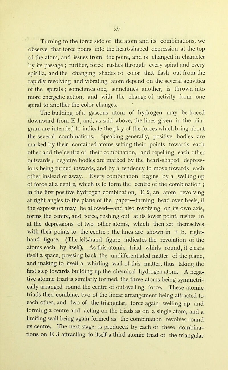 Turning to the force side of the atom and its combinations, wd observe that force pours into the heart-shaped depression at the top of the atom, and issues from the point, and is changed in character by its passage ; further, force rushes through every spiral and every spirilla, and the changing shades of color that flash out from the rapidly revolving and vibrating atom depend on the several activities of the spirals; sometimes one, sometimes another, is thrown into more energetic action, and with the change of activity from one spiral to another the color changes. The building of a gaseous atom of hydrogen may be traced downward from E 1, and, as said above, the lines given in the dia- gram are intended to indicate the play of the forces which bring about the several combinations. Speaking generally, positive bodies are marked by their contained atoms setting their points towards each other and the'centre of their combination, and repelling each other outwards ; negative bodies are marked by the heart-shaped depress- ions being turned inwards, and by a tendency to move towards each other instead of away. Every combination begins by a welling up of force at a centre, which is to form the centre of the combination ; in the first positive hydrogen combination, E 2, an atom revolving at right angles to the plane of the paper—turning head over heels, if the expression may be allowed—and also revolving on its own axis, forms the centre, and force, rushing out at its lower point, rushes in at the depressions of two other atoms, which then set themselves with their points to the centre ; the lines are shown in + b, right- hand figure. (The left-hand figure indicates the revolution of the atoms each by itself). As this atomic triad whirls round, it clears itself a space, pressing back the undifferentiated matter of the plane, and making to itself a whirling wall of this matter, thus taking the first step towards building up the chemical hydrogen atom. A nega- tive atomic triad is similarly formed, the three atoms being symmetri- cally arranged round the centre of out-welling force. These atomic triads then combine, two of the linear arrangement being attracted to each other, and two of the triangular, force again welling up and forming a centre and acting on the triads as on a single atom, and a limiting wall being again formed as the combination revolves round its centre. The next stage is produced by each of these combina- tions on E 3 attracting to itself a third atomic triad of the triangular