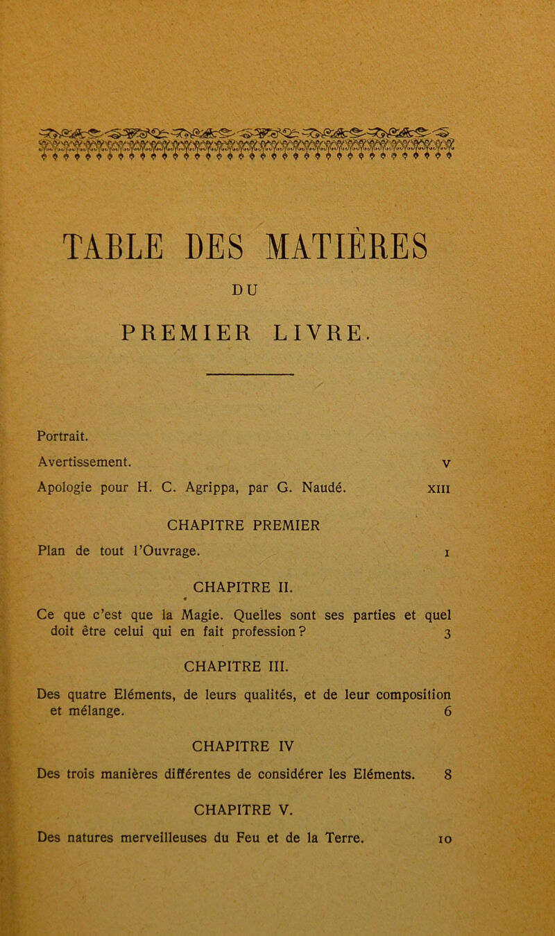 TABLE DES MATIERES DU PREMIER LIVRE. Portrait. Avertissement. v Apologie pour H. C. Agrippa, par G. Naudé. xm CHAPITRE PREMIER Plan de tout l’Ouvrage. i CHAPITRE II. Ce que c’est que la Magie. Quelles sont ses parties et quel doit être celui qui en fait profession? 3 CHAPITRE III. Des quatre Eléments, de leurs qualités, et de leur composition et mélange. 6 CHAPITRE IV Des trois manières différentes de considérer les Eléments. 8 CHAPITRE V. Des natures merveilleuses du Feu et de la Terre. 10