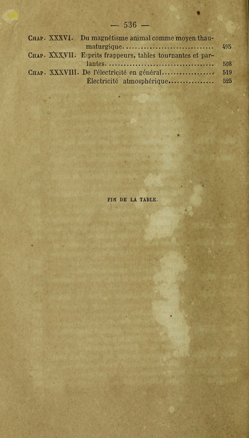 Chap. XXXVI. Du magnétisme animal comme moyen thau- maturgique 495 Chap. XXXVII. Esprits frappeurs, tables tournantes et par- lantes 508 Chap. XXXVIII. De l’électricité en général 519 Électricité atmosphérique 525 FIN 1)E LA TABLE.