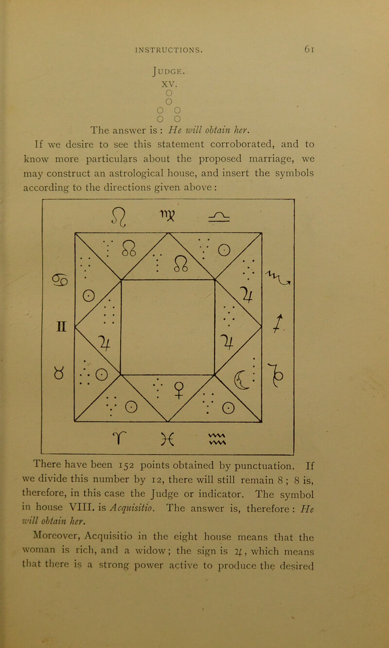 JUDGK. XV. o o o o o o The answer is : He will obtain her. If we desire to see this statement corroborated, and to know more particulars about the proposed marriage, we may construct an astrological house, and insert the symbols according to the directions given above: /. WSA There have been 152 points obtained by punctuation. If we divide this number by 12, there will still remain 8 ; 8 is, therefore, in this case the Judge or indicator. The symbol in house VIII. is Acquisitio. The answer is, therefore : He will obtain her. Moreover, Acquisitio in the eight house means that the woman is rich, and a widow; the sign is 4, which means that there is a strong power active to produce the desired