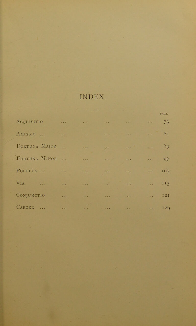 INDEX. AcguisiTio Amissio ... Foktun.\ ]\I.\jor Fortun.a Minor POPULUS ... Vi.\ CONJUNCTIO Carcer PAGE 73 8i 89 97 105 113 121 129