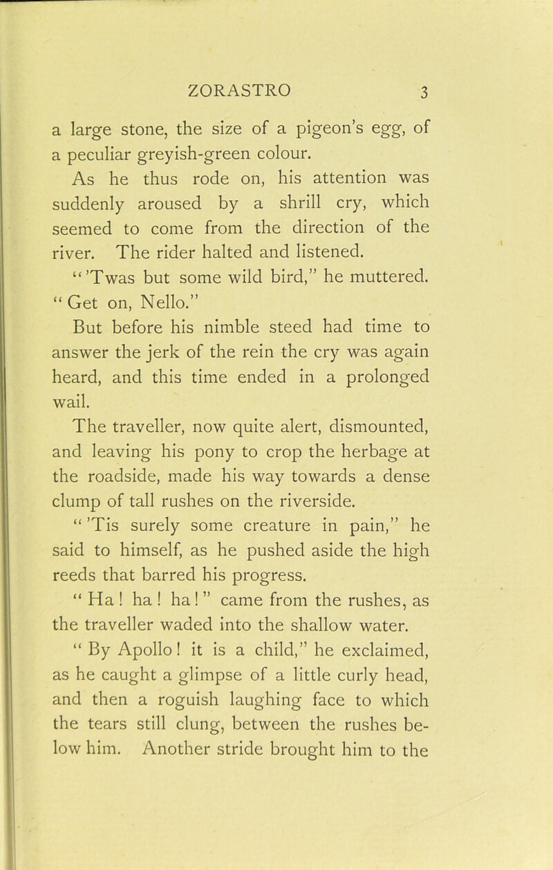 a large stone, the size of a pigeon’s egg, of a peculiar greyish-green colour. As he thus rode on, his attention was suddenly aroused by a shrill cry, which seemed to come from the direction of the river. The rider halted and listened. “’Twas but some wild bird,” he muttered. “Get on, Nello.” But before his nimble steed had time to answer the jerk of the rein the cry was again heard, and this time ended in a prolonged wail. The traveller, now quite alert, dismounted, and leaving his pony to crop the herbage at the roadside, made his way towards a dense clump of tall rushes on the riverside. “ ’Tis surely some creature in pain,” he said to himself, as he pushed aside the high reeds that barred his progress. “ Ha ! ha ! ha ! ” came from the rushes, as the traveller waded into the shallow water. “ By Apollo! it is a child,” he exclaimed, as he caught a glimpse of a little curly head, and then a roguish laughing face to which the tears still clung, between the rushes be- low him. Another stride brought him to the