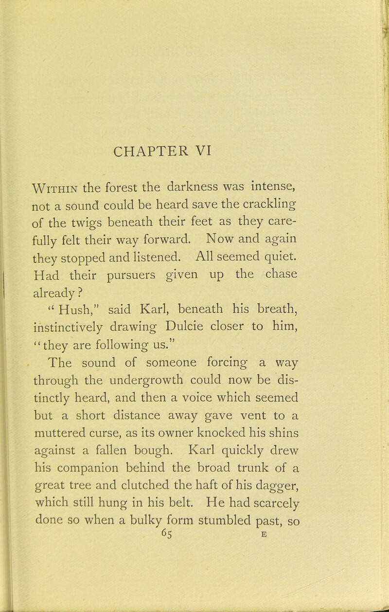 CHAPTER VI Within the forest the darkness was intense, not a sound could be heard save the crackling of the twigs beneath their feet as they care- fully felt their way forward. Now and again they stopped and listened. All seemed quiet. Had their pursuers given up the chase already ? “ Hush,” said Karl, beneath his breath, instinctively drawing Dulcie closer to him, “they are following us.” The sound of someone forcing a way through the undergrowth could now be dis- tinctly heard, and then a voice which seemed but a short distance away gave vent to a muttered curse, as its owner knocked his shins against a fallen bough. Karl quickly drew his companion behind the broad trunk of a great tree and clutched the haft of his dagger, which still hung in his belt. He had scarcely done so when a bulky form stumbled past, so