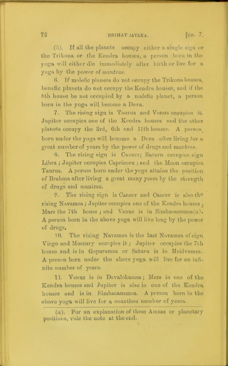 (5). If all tho planets occupy either a single sign or- the Trikona or the Kendra houses, a person born in the yoga will either die immediately after birth or live for a yoga by the power of mantras. (>. If malefic planets do not occupy the Trikona houses, benefic planets do not occupy the Kendra houses, and if the 8th house be not occupied by a malefic planet, a person born in the yoga will become a Deva. 7. The rising sign is Taurus and Venus occupies it. Jupiter occupies one of the Kendra houses and the other- planets occupy the 3rd, 6th and 11th houses. A person born under the yoga will become a Deva after living for a great number of years by the power of drugs and mantras. 8. The rising sign is Cancer;, Saturn occupies sign Libra ; Jupiter occupies Capricorn ; and the Moon occupies Taurus. A person horn under the yoga attains the position of Brahma after living a great many years by the strength of drugs and mantras. 9. The rising sign is Cancer and Cancer is also tho o o rising Navamsa; Jupiter occupies one of the Kendra houses • Mars the 7th house ; and Venus is in Simhasanarnsa(a). A person born in the above yoga will live long by the power of drugs. 10. The rising Navamsa is the last Navamsa of sign Virgo and Mercury occupies it ; Jupiter occupies the 7th house and is in Gopuramsa or Saturn is in Mridvamsa. A person born under the above yoga will live for an infi- nite number of years- 11. Venus is in Devalokamsa; Mars iu one of the Kendra houses and Jupiter is also iu one of the Kendra houses and is in Simhasanamsa, A person born in the above yoga will live for a countless numbor of years. (a). For an explanation of these Amsas or planetary positions, vide the note at the end.