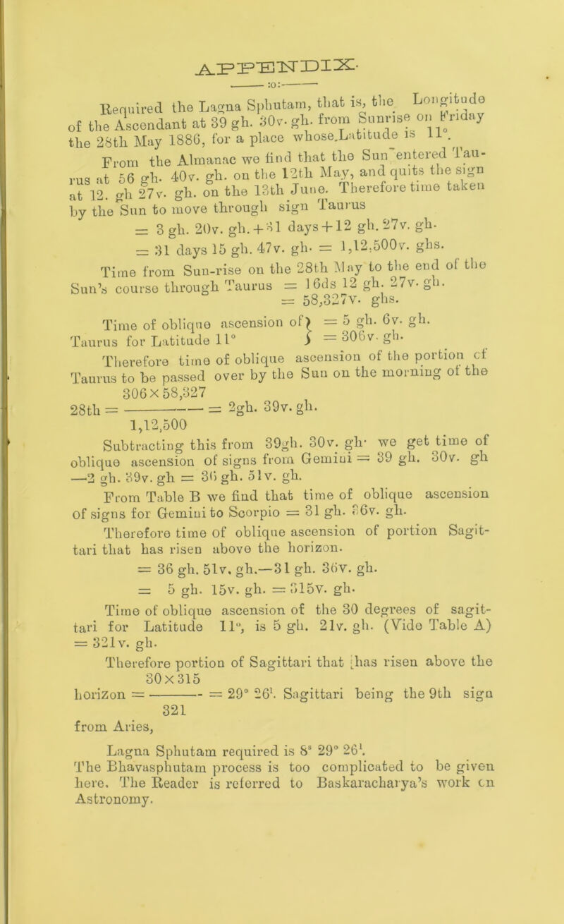 ^IFIP'ETN'IDIX:- :o:— Required the Lagna Splmtam, that is, the Longitude of the Ascendant at 39 gh. 30c gh. from Sunriseon t .may the 28th May 1886, for a place whose.Latitude i* 11 From the Almanac we find that the Sun enter e.d lau- vnq r,f 56 ^h- 40v. gh. on the 12th May, and quits the sign It 12 gh 27r. gh. on the 18th June. Therefore time taken by the Sun to move through sign Taurus — 3 gh. 20v. gh. + 81 days + 12 gh.27v. gh. - 31 days 15 gh. 47v. gh- = l,l2,500v. ghs. Time from Suu-rise on the 28th May to the end ol the Sun’s course through Taurus = 10ds 12 gh. -7v. g i. — r8.S9.7v. ohs. Time of oblique ascension of> =5 gh. 6v- gh. Taurus for Latitude 11° J= 306v.gh. Therefore time of oblique ascension of the portion ct Taurus to be passed over by the Suu on the morning of the 306X58,327 28th = ■ = 2gh. 39v. gh. 1,12,500 Subtracting this from 39gh. 30v. gh* we get time of oblique ascension of signs from Gemini = 39 gh. oOv. gh —2 gh. 39v. gh = 36 gh. olv. gh. From Table B we find that time of oblique ascension of signs for Gemini to Scorpio = 31 gh. 86v. gli. Therefore time of oblique ascension of portion Sagit- tari that has risen above the horizon. = 36 gh. 51v, gh.—31 gh. 36v. gh. = 5 gh. 15v. gh. = 315v. gh. Time of oblique ascension of the 30 degrees of sagit- tari for Latitude IT', is 5 gh. 21v. gh. (Vide Table A) = 321 v. gh. Therefore portion of Sagittari that [.has risen above the 30x315 horizon = — 29° 261. Sagittari being the 9th sign 321 from Aries, Lagna Sphutam required is 8s 29° 261. The Bhavasphutam process is too complicated to be given here. The Reader is referred to Baskaracharya’s work cn Astronomy.