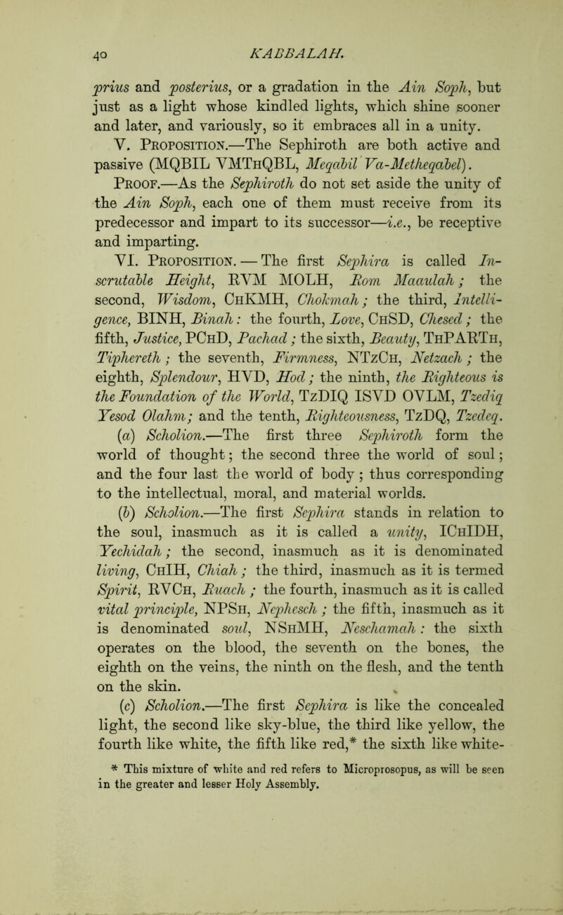 prius and posterius, or a gradation in the Ain Soph, but just as a light whose kindled lights, which shine sooner and later, and variously, so it embraces all in a unity. Y. Proposition.—The Sephiroth are both active and passive (MQBIL VMThQBL, Megabit Va-Metheqabel). Proof.—As the Sephiroth do not set aside the unity of the Ain Soph, each one of them must receive from its predecessor and impart to its successor—i.e., be receptive and imparting. VI. Proposition. — The first Sephira is called In- scrutable Height, RVM MOLH, Rom Maaulah; the second, Wisdom, ChKMH, Chohmah; the third, Intelli- gence, BINH, Binah: the fourth, Love, ChSD, Chesed ; the fifth, Justice, PChD, Pachad ; the sixth, Beauty, ThP ARTh, Tiphereth; the seventh, Firmness, NTzCh, Netzach ; the eighth, Splendour, HVD, Hod ; the ninth, the Righteous is the Foundation of the World, TzDIQ IS YD OVLM, Tzediq Yesod Olahm; and the tenth, Righteousness, TzDQ, Tzedeq. (a) Scholion.—The first three Sephiroth form the world of thought; the second three the world of soul; and the four last the world of body; thus corresponding to the intellectual, moral, and material worlds. (b) Scholion.—The first Sephira stands in relation to the soul, inasmuch as it is called a unity, IChIDH, Yechidah; the second, inasmuch as it is denominated living, ChIH, Chiah ; the third, inasmuch as it is termed Spirit, RVCh, Ruach ; the fourth, inasmuch as it is called vital principle, NPSh, Nephcsch ; the fifth, inasmuch as it is denominated soul, NShMH, Neschamah: the sixth operates on the blood, the seventh on the bones, the eighth on the veins, the ninth on the flesh, and the tenth on the skin. (c) Scholion.—The first Sephira is like the concealed light, the second like sky-blue, the third like yellow, the fourth like white, the fifth like red,* the sixth like white- * This mixture of white and red refers to Microprosopus, as will be seen in the greater and lesser Holy Assembly.