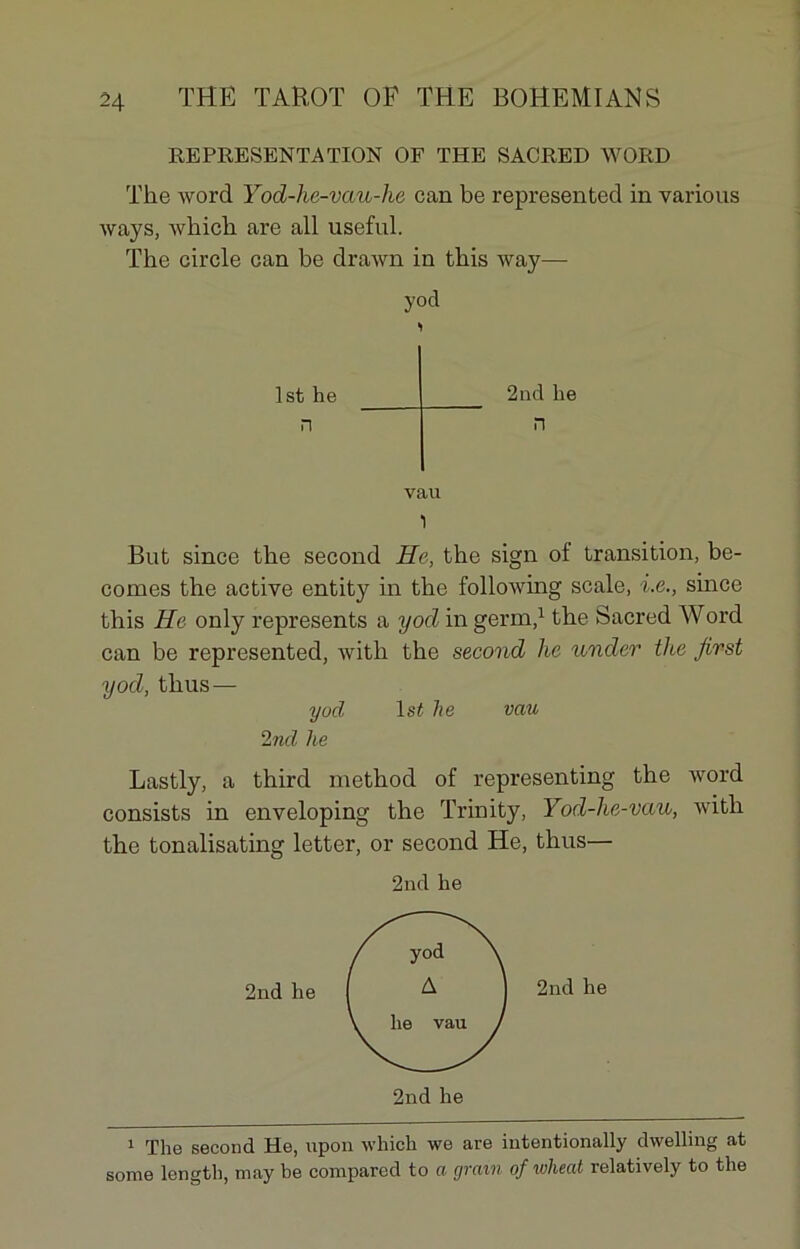REPRESENTATION OF THE SACRED WORD The word Yod-he-vau-he can be represented in varions ways, which are ail useful. The circle can be drawn in this way—- yod lst he 2nd lie n n vau 1 But since the second He, the sign of transition, be- cornes the active entity in the following scale, i.e., since this He only represents a yod in germ,1 the Sacred Word can be represented, with the second lie nnder the first yod, thus — yod lsf he vau 2nd he Lastly, a third method of representing the word consists in enveloping the Trinity, Yod-lie-vau, with the tonalisating letter, or second He, thus— 2nd he 2nd he 1 The second He, upon which we are intentionally dwelling at some length, may be compared to a grain of wheat relatively to the
