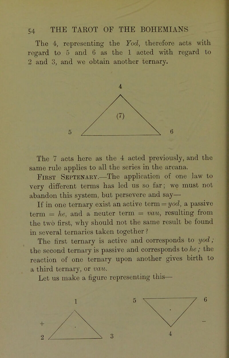 The 4, representing the Yod, therefore acts with regard to 5 and 6 as the 1 acted with regard to 2 and 3, and we obtain another ternary. 4 The 7 acts here as the 4 acted previously, and the same rule applies to ail the sériés in the arcana. First Septenary.—The application of one law to very different terms has led us so far; we must not abandon this System, but persevere and say— If in one ternary exist an active term = yod, a passive term = lie, and a neuter terni = vau, resulting from the two first, why sliould not the same resuit be found in several ternaries taken together ? The first ternary is active and corresponds to yod; the second ternary is passive and corresponds to lie ; the reaction of one ternary upon another gives birth to a third ternary, or vau. Let us make a figure representing this— 3 4