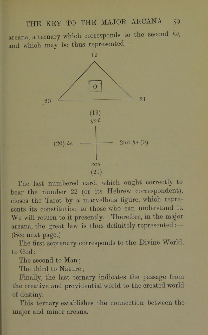 arcana, a ternary winch corresponds to the second he, and which may be thus represented— 19 yod (20) he 2ncl he (Û) vau (21) The last numbered card, which ought correctly to bear the number 22 (or its Hebrew correspondent), closes the Tarot by a marvellous figure, Avhich repre- sents its constitution to those Avho can understand it. We will return to it presently. Therefore, in the major arcana, the great law is thus definitely represented :— (See next page.) The first septenary corresponds to the Divine World, to God ; The second to Man ; The third to Nature ; Finally, the last ternary indicates the passage from the Creative and providential world to the created Avorld of destiny. This ternary establishes the connection betAveen the major and minor arcana.