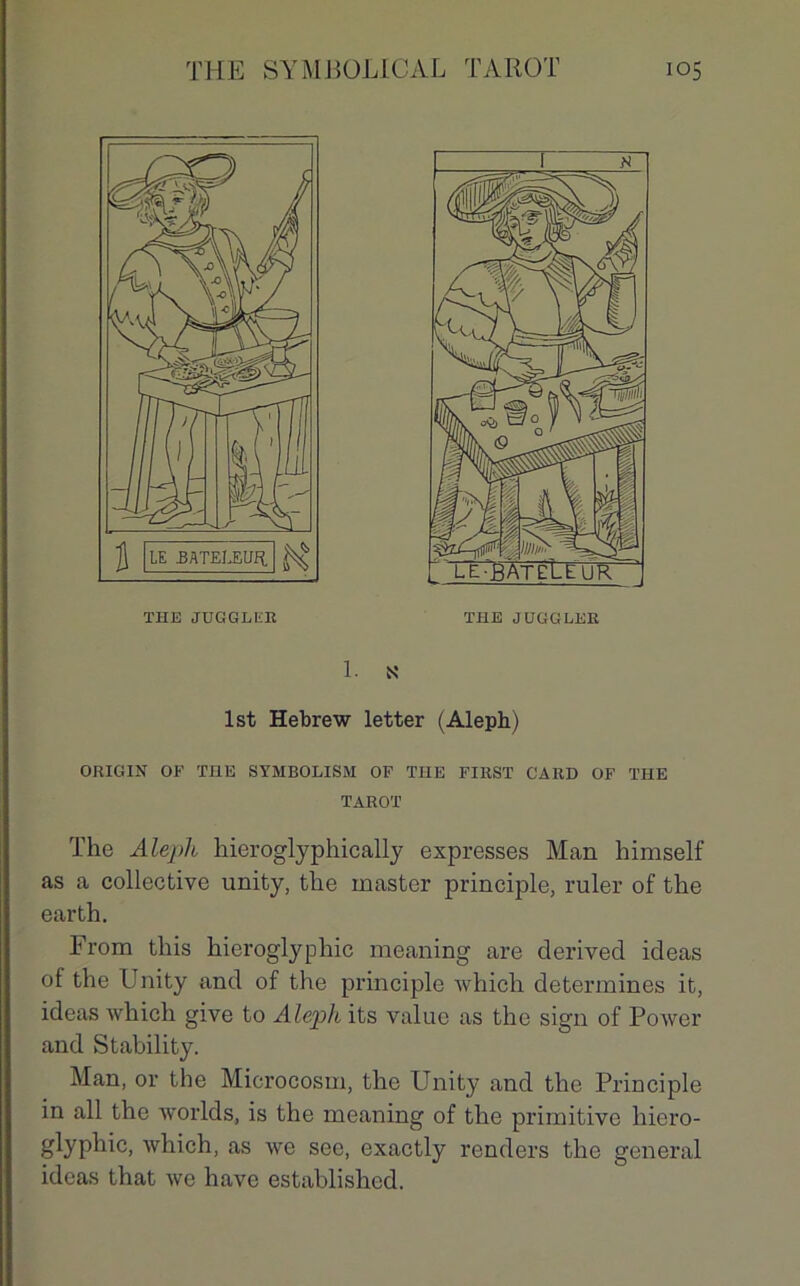 THE JUGGLEE 1. N lst Hebrew letter (Aleph) ORIG1N OF THE SYMBOLISM OF THE FIRST GARD OF THE TAROT The Alepli hieroglyphically expresses Man himself as a collective unity, the master principle, ruler of the earth. From tliis hieroglyphic meaning are derived ideas of the Unity and of the principle which détermines it, ideas which give to Aleph its value as the sign of Power and Stability. Man, or the Microcosm, the Unity and the Pria ci pie in ail the worlds, is the meaning of the primitive hiero- glyphic, which, as we see, exactly renders the general ideas that we hâve established.