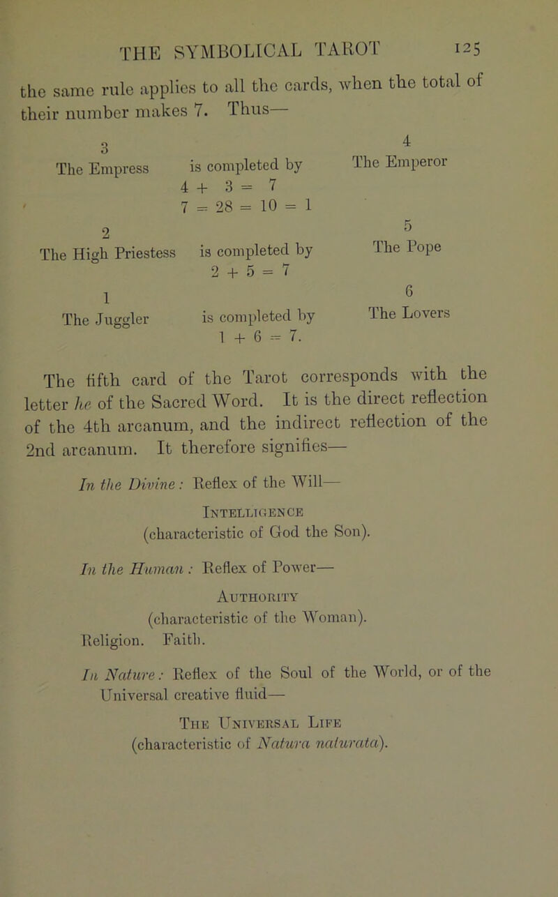 thc same rule applies to ail thc cards, when thé total of their number makes 7. T bu s— 3 The Empress is completed by 4+3=7 7 = 28 = 10 = 1 2 The High Priestess is completed by 2 + 5 = 7 1 The Juggler is completed by 1+6 = 7. 4 The Emperor 5 The Pope 6 The Loyers The fifth card of the Tarot corresponds with the letter he of the Sacred Word. It is the direct reflection of the 4th arcanum, and the indirect reflection of the 2nd arcanum. It therefore signifies— In the Divine : Peflcx of the Will Intelligence (characteristic of God the Son). In the Human : Reflex of Power— Authohity (characteristic of the Wonian). Religion. Faith. h 1 Nature: Reflex of the Soûl of the World, or of the Universal créative fluid— The Universal Life (characteristic of Natura naturata).