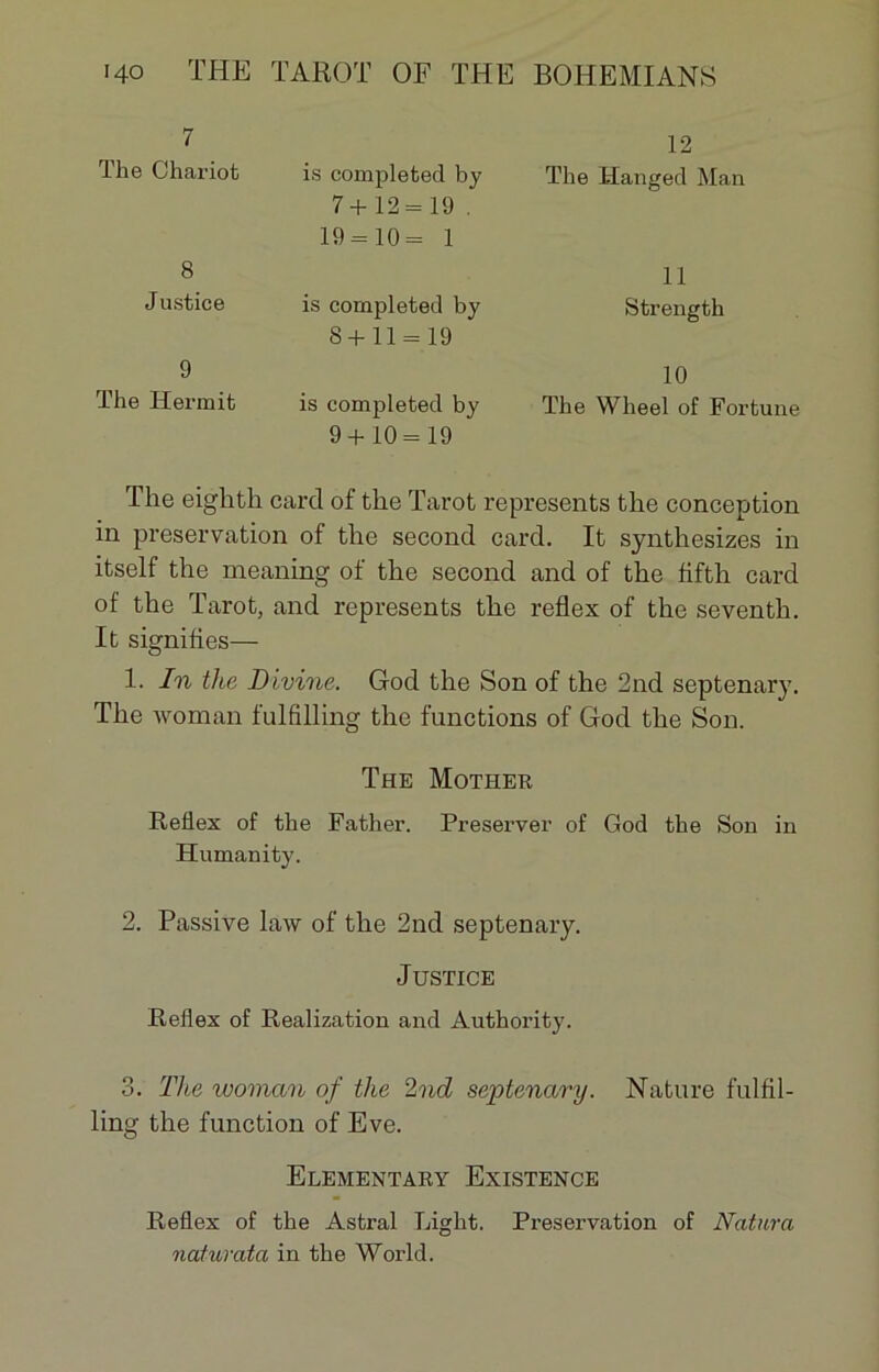 7 12 The Chariot is completed by 7+ 12= 19 . 19 = 10= 1 The IJanged Man 8 11 Justice is completed by 8 + 11 = 19 Strength 9 10 The Hennit is completed by 9+10 = 19 The Wheel of Fortune The eighth card of the Tarot represents the conception in préservation of the second card. It synthesizes in itself the meaning of the second and of the fifth card of the Tarot, and represents the reflex of the seventh. It signifies— 1. In the Divine. God the Son of the 2nd septenary. The woman fulfilling the functions of God the Son. The Mother Reflex of the Father. Préserver of God the Son in Humanity. 2. Passive law of the 2nd septenary. Justice Reflex of Realization and Authority. 3. The woman of the 2nd septenary. Nature fulfil- ling the function of Eve. Elementary Existence Reflex of the Astral Light. Préservation of Natura naturata in the World.