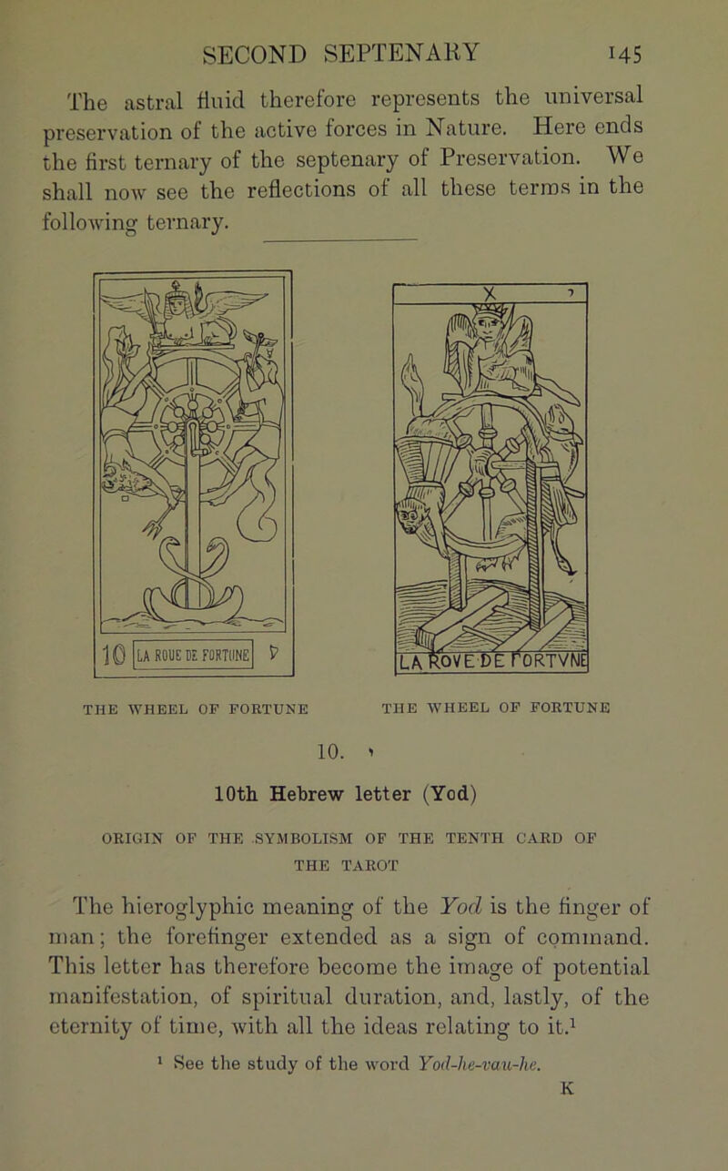 The astral fluid therefore represents the universal préservation of the active forces in Nature. Here ends the first ternary of the septenary of Préservation. We shall now see the reflections of ail these terres in the following ternary. THE WHEEL OF FORTUNE 10. 1 lOth Hebrew letter (Yod) ORIGIN OF THE SYMBOLISM OF THE TENTH CARD OF THE TAROT The hieroglyphic meaning of the Yod is the finger of rean; the forefinger extended as a sign of cominand. This letter lias therefore become the image of potential manifestation, of spiritual duration, and, lastly, of the eternity of time, with ail the ideas relating to it.1 1 See the study of the word Yod-he-vau-he. K