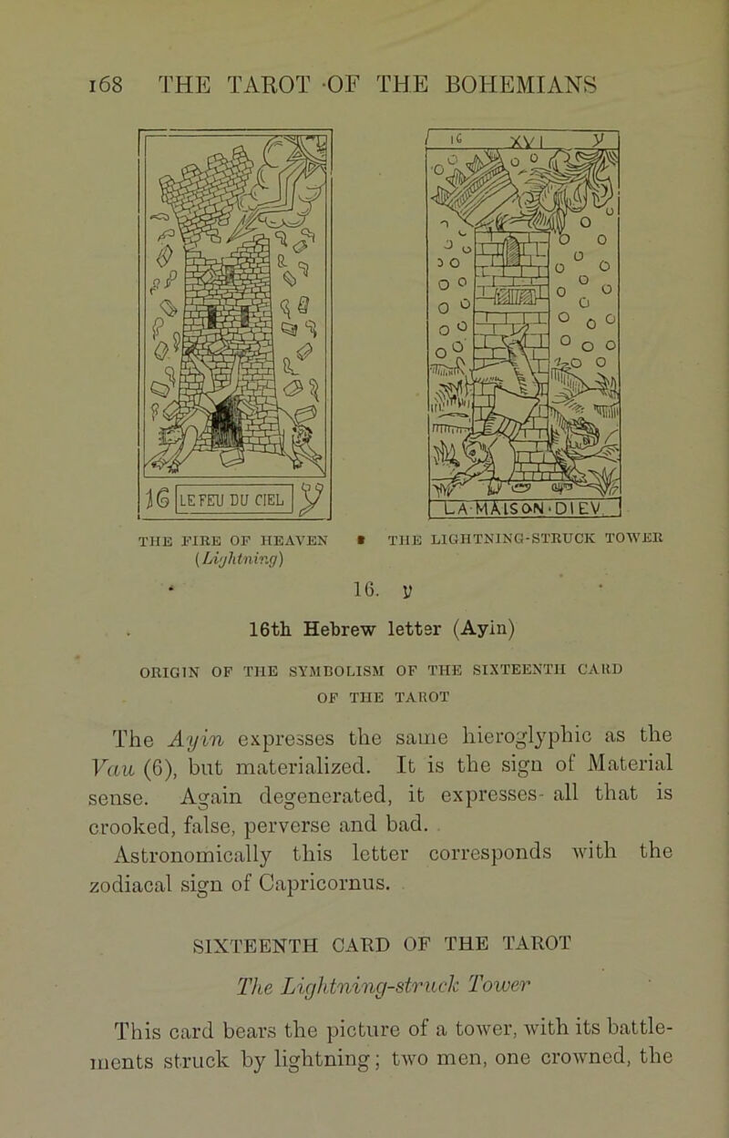 THE PIRE OF HEAVEN ( Liyhtning) * THE LIGIITN1NG-STRUCK TOWER 16. V 16th Hebrew lettsr (Ayin) ORIG1N OP THE SYMBOLISAI OF THE SIXTEENTH GARD OF THE TAROT The Ayin expresses the saine hieroglyphic as the Vau (6), but materialized. It is the sigu of Material sense. Again degenerated, it expresses- ail that is crooked, false, perverse and bad. Astronomically this lctter corresponds with the zodiacal sign of Capricornus. SIXTEENTH CARD OF THE TAROT The Lightning-struck Tower This card bears the picture of a tower, with its battle- ments struck by lightning; two men, one crowned, the