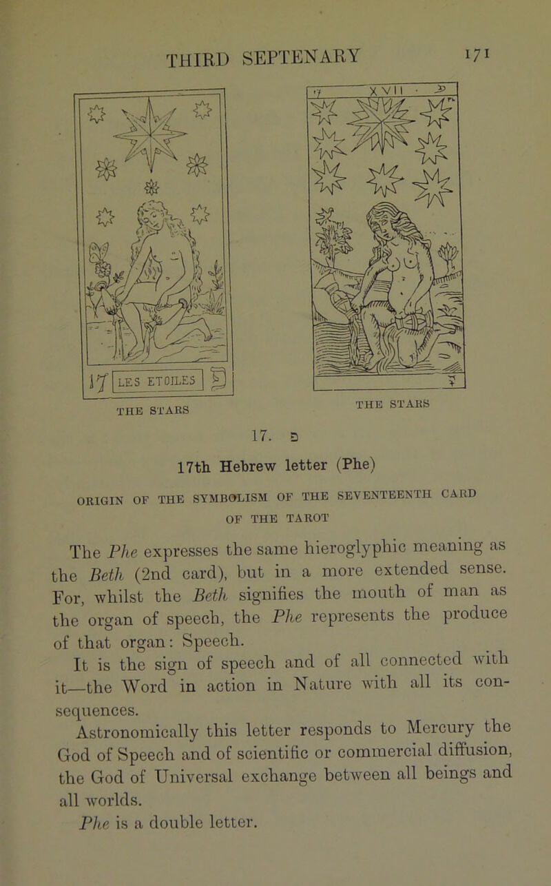 17. 3 17th Hebrew letter (Phe) 0R1GIN OF THE SYMBOLISM OF THE SEVENTEENTH CARD OF THE TAROT The Phe expresses the same hieroglyphic meaning as the Beth (2nd card), but in a more extended sense. For, whilst the Beth signifies the rnouth of man as the organ of speech, the Phe represents the produce of that organ: Speech. It is the sign of speech and of ail connectcd with it—the Word in action in Nature with ail its con- séquences. Astronomically this letter responds to Mercury the God of Speech and of scientific or commercial diffusion, the God of Universal exchange between ail beings and ail worlds. Phe is a double letter.
