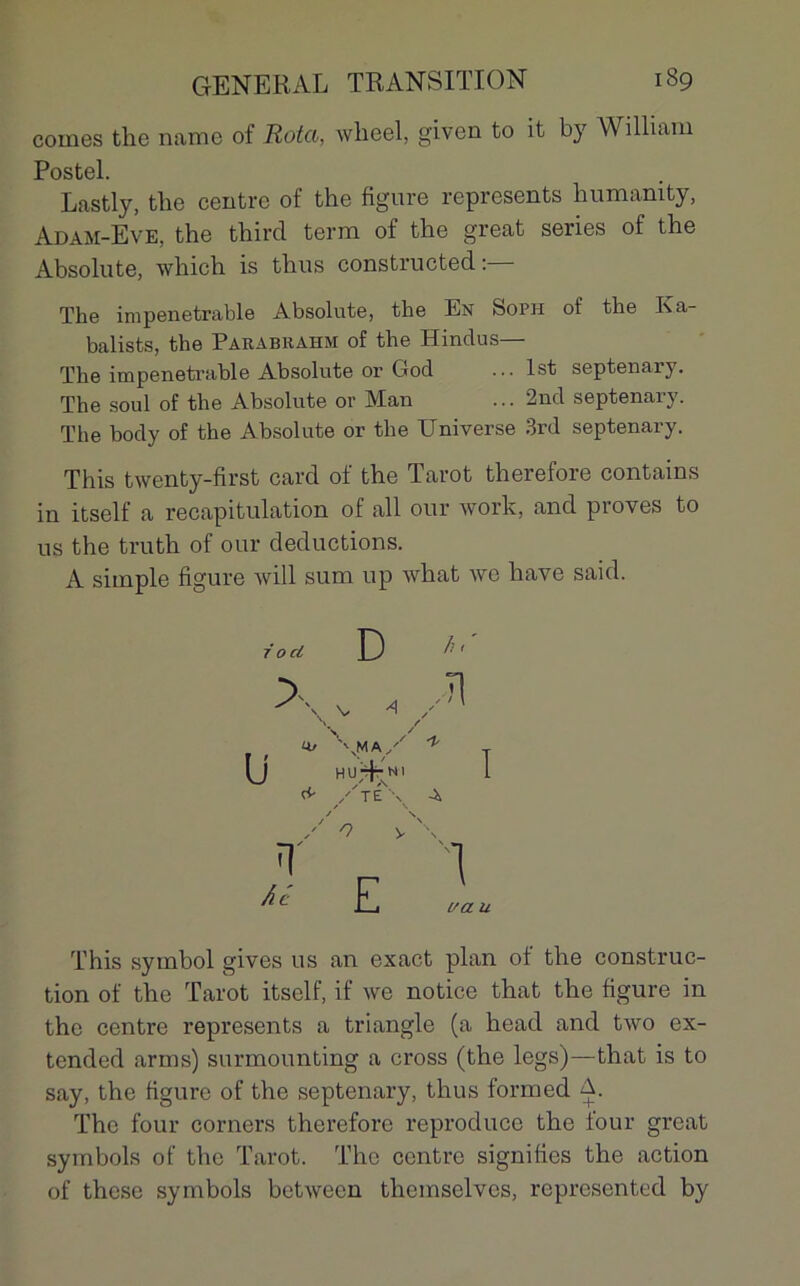 cornes the name of Rota, wheel, given to it by William Postel. Lastly, tbe centre of the figure represents humamty, Adam-Eve, the third term of the great sériés of the Absolute, which is thus constructed :— The impénétrable Absolute, the En Soph of the Ka- balists, the Parabkahm of the Hindus— The impénétrable Absolute or God ... Ist septenary. The soûl of the Absolute or Man ... 2nd septenary. The body of the Absolute or the Universe 3rd septenary. This twenty-first card of the Tarot therefore contains in itself a récapitulation of ail our work, and proves to us the truth of our déductions. A simple figure will sum up what wo liave said. i o ci D \. Tl 4/ '\MA/ Ü hu^hi & /'te \ A O T Aé £| s 1 i/a u This symbol gives us an exact plan of the construc- tion of the Tarot itself, if we notice that the figure in the centre represents a triangle (a head and two ex- tended arms) surmounting a cross (the legs)—that is to say, the figure of the septenary, thus forrned A. The four corners therefore reproduce the four great symbols of the Tarot. The centre signifies the action of these symbols between thcinselvcs, represented by