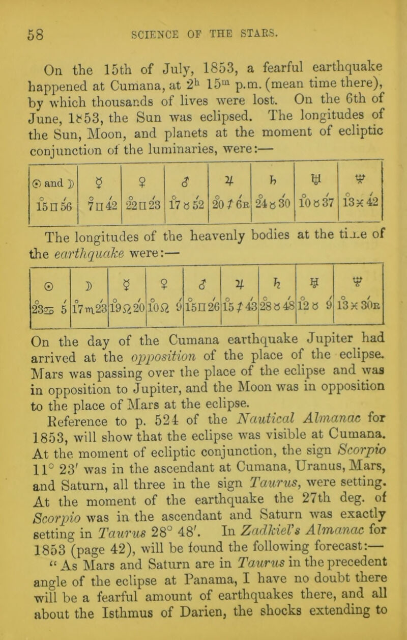 On the 15th of July, 1853, a fearful earthquake happened at Cumana, at 2h 15m p.m. (mean time there), by which thousands of lives were lost. On the Gth of June, U53, the Sun was eclipsed. The longitudes of the Sun, Moon, and planets at the moment of ecliptic conjunction of the luminaries, were:— 0 and ]) 5 ? s h U 15 El 56 o / 7n42 221123 O i 17 » 52 201 Gr 24 » 30 10 8 37 13x42 The longitudes of the heavenly bodies at the time of the earthquake were:— © D 5 ? <? V- h ¥ V o / 23s 5 17 ni23 19 ft 20 10 ft 9 15 n 213 15/43 'S8 X) o / 12 8 9 13 X 30r On the day of the Cumana earthquake Jupiter had arrived at the opposition of the place of the eclipse. Mars was passing over the place of the eclipse and was in opposition to Jupiter, and the Moon was in opposition to the place of Mars at the eclipse. lleference to p. 524 of the JNautical Almanac for 1853, will show that the eclipse was visible at Cumana. At the moment of ecliptic conjunction, the sign Scorpio 11° 23' was in the ascendant at Cumana, Uranus, Mars, and Saturn, all three in the sign Taurus, were setting. At the moment of the earthquake the 27th deg. of Scorpio was in the ascendant and Saturn was exactly setting in Taurus 28“ 48'. In Zadkiel s Almanac for 1853 (page 42), will be found the following forecast:— “ As Mars and Saturn are in Taurus in the precedent angle of the eclipse at Panama, I have no doubt there will be a fearful amount of earthquakes there, and all about the Isthmus of Darien, the shocks extending to