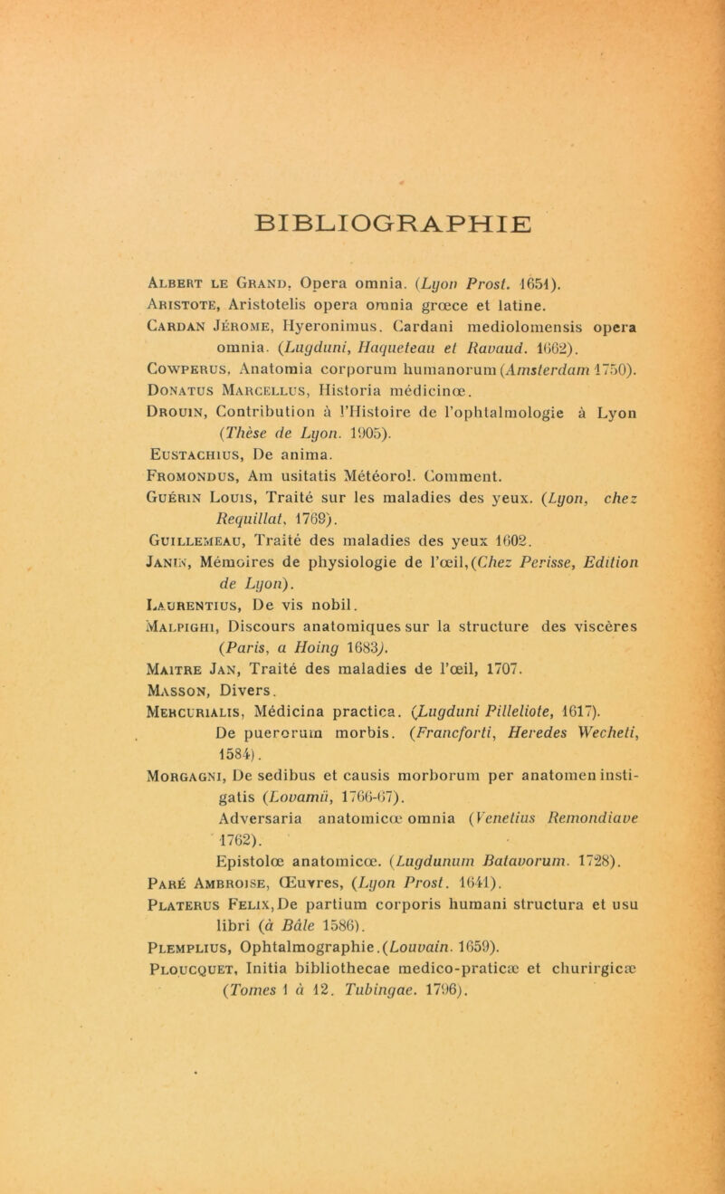 BIBLIOGRAPHIE Albert le Grand. Opéra omnia. (Lyon Prost. 1651). Aristote, Aristotelis opéra orania grœce et latine. Cardan Jérome, Iiyeronimus. Gardani mediolomensis opéra orania. (Lugduni, Haqueteau et Ravaud. 1662). Cowperus, Anatoraia corporum humanorum (Amsterdam 1750). Donatus Marcellus, Historia médicinœ. Drouin, Contribution à l’Histoire de l’ophtalraologie à Lyon (Thèse de Lyon. 1905). Eustachius, De anima. Fromondus, Am usitatis Météorol. Comment. Guérin Louis, Traité sur les maladies des yeux. (Lyon, chez Requillat, 1769). Guillemeau, Traité des maladies des yeux 1602. Janin, Mémoires de physiologie de l’œil,(Chez Périsse, Edition de Lyon). Laurentius, De vis nobil. Malpighi, Discours anatomiques sur la structure des viscères (Paris, a Hoing 1683). Maître Jan, Traité des maladies de l’œil, 1707. Masson, Divers. Mehcuriàlis, Médicina practica. (Lugduni Pilleliote, 1617). De pueroruin morbis. (Francforti, Heredes Wecheti, 1584). Morgagni, De sedibus et causis morborum per anatomen insti- gatis (Lovamü, 1766-07). Adversaria anatomicœ omnia (Venetius Remondiave 1762). Epistolœ anatomicœ. (Lugdunum Batavorum. 1728). Paré Ambroise, Œuvres, (Lyon Prost. 1641). Platerus Feux,De partium corporis humani structura et usu libri (à Bâle 1586). Plemplius, Ophtalmographie.(Louvain. 1659). Ploucquet, Initia bibliothecae raedico-praticæ et churirgicæ (Tomes 1 à 12. Tubingae. 1796).