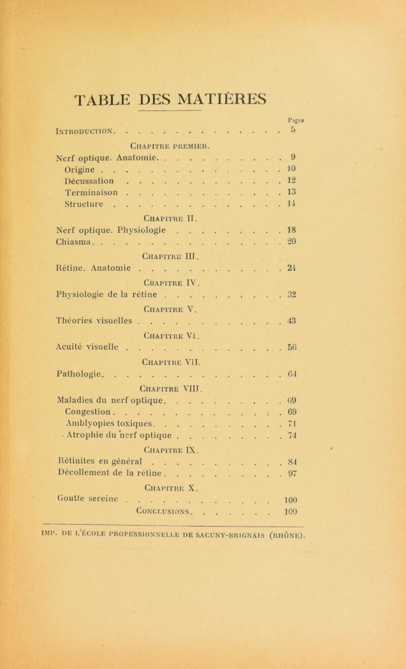 TABLE DES MATIÈRES Page* Introduction 5 Chapitre premier. Nerf optique. Anatomie 9 Origine 10 Décussation 14 Terminaison 13 Structure 14 Chapitre II. Nerf optique. Physiologie 18 Çhiasma 20 Chapitre III. Rétine. Anatomie 24 Chapitre IV. Physiologie de la rétine . 32 Chapitre V. Théories visuelles 43 Chapitre Vï. Acuité visuelle 56 Chapitre VII. Pathologie 64 Chapitre VIII. Maladies du nerf optique 69 Congestion 69 Amblyopies toxiques 71 Atrophie du nerf optique 74 Chapitre IX. Rétinites en général 84 Décollement de la rétine 97 Chapitre X. Goutte sereine . 100 Conclusions 109 J. DE L’ÉCOLE PROFESSIONNELLE DE SACUNY-BR1GNA1S (RHÔNE).